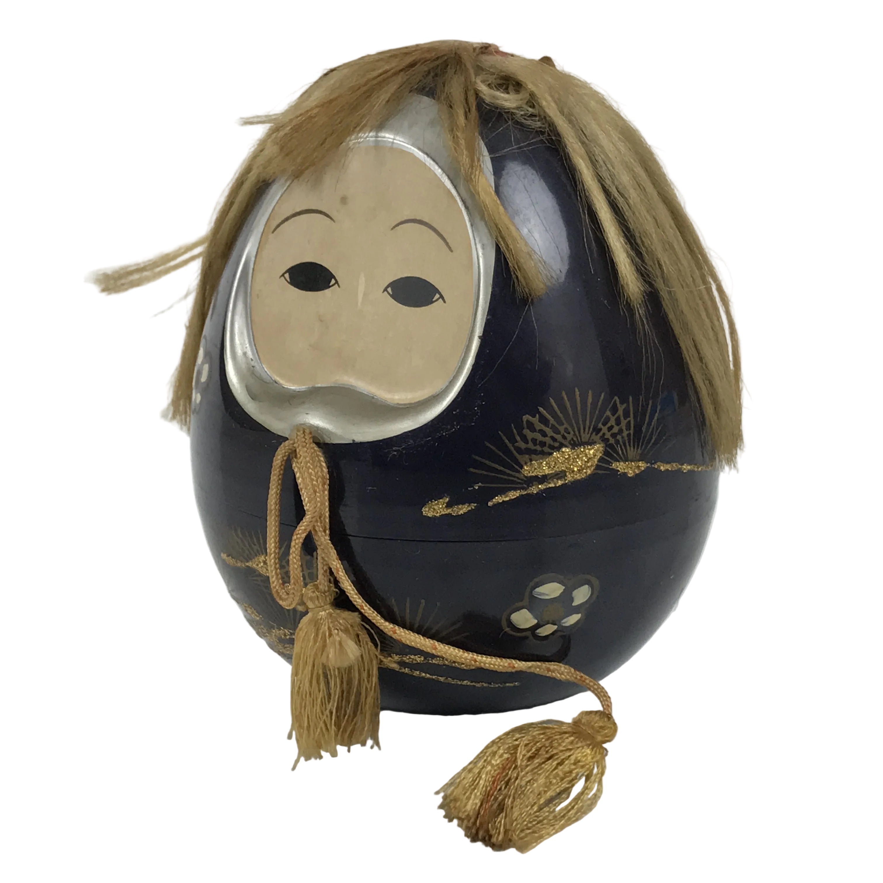 Japanese Kokeshi Doll Vtg Figurine Black Container Hime Daruma Tassel Gold KF796