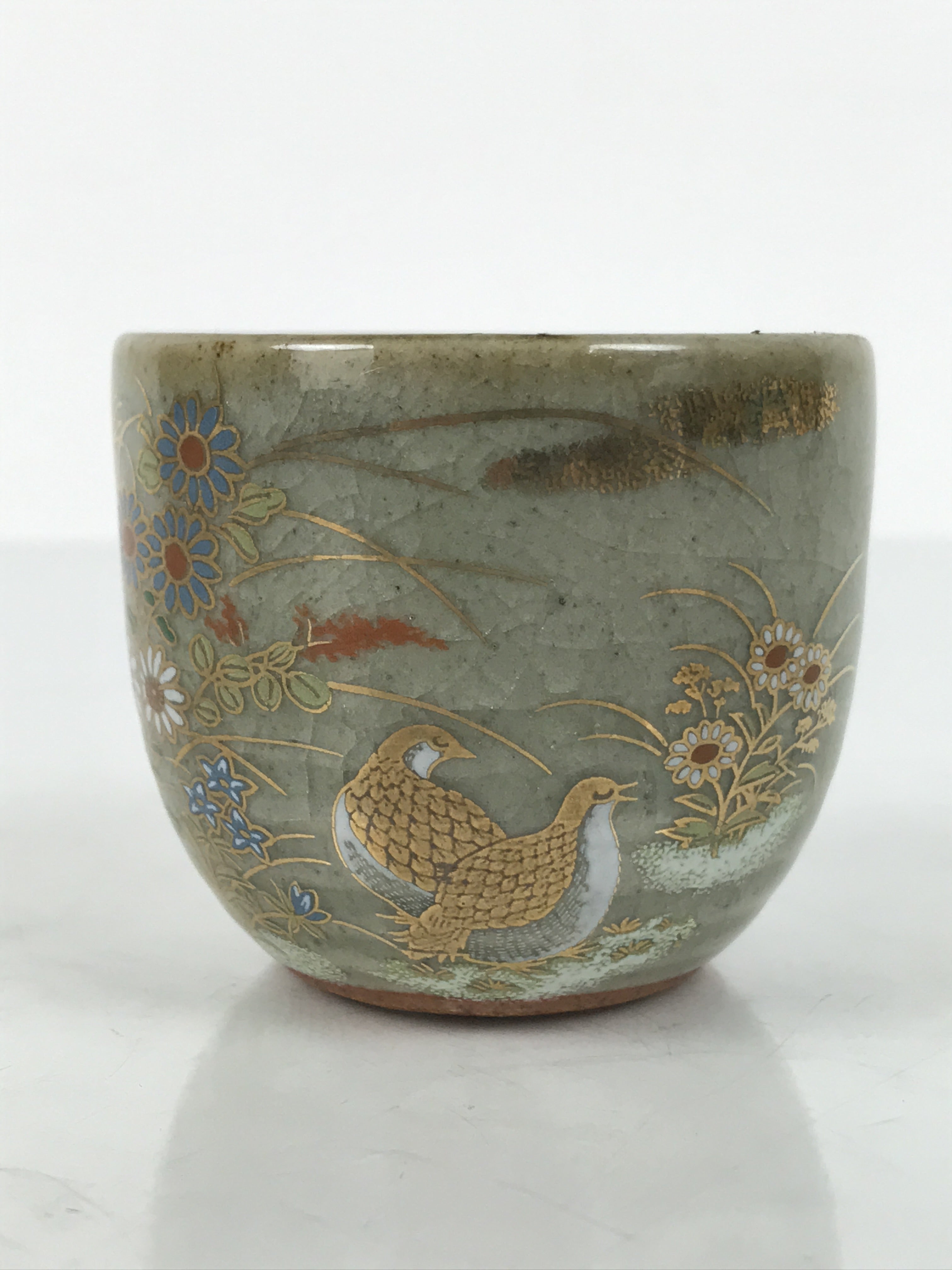 Japanese Kutani Imari Ceramic Sake Cup Vtg Tsubomi Ochoko Flowers Bird Gray G336