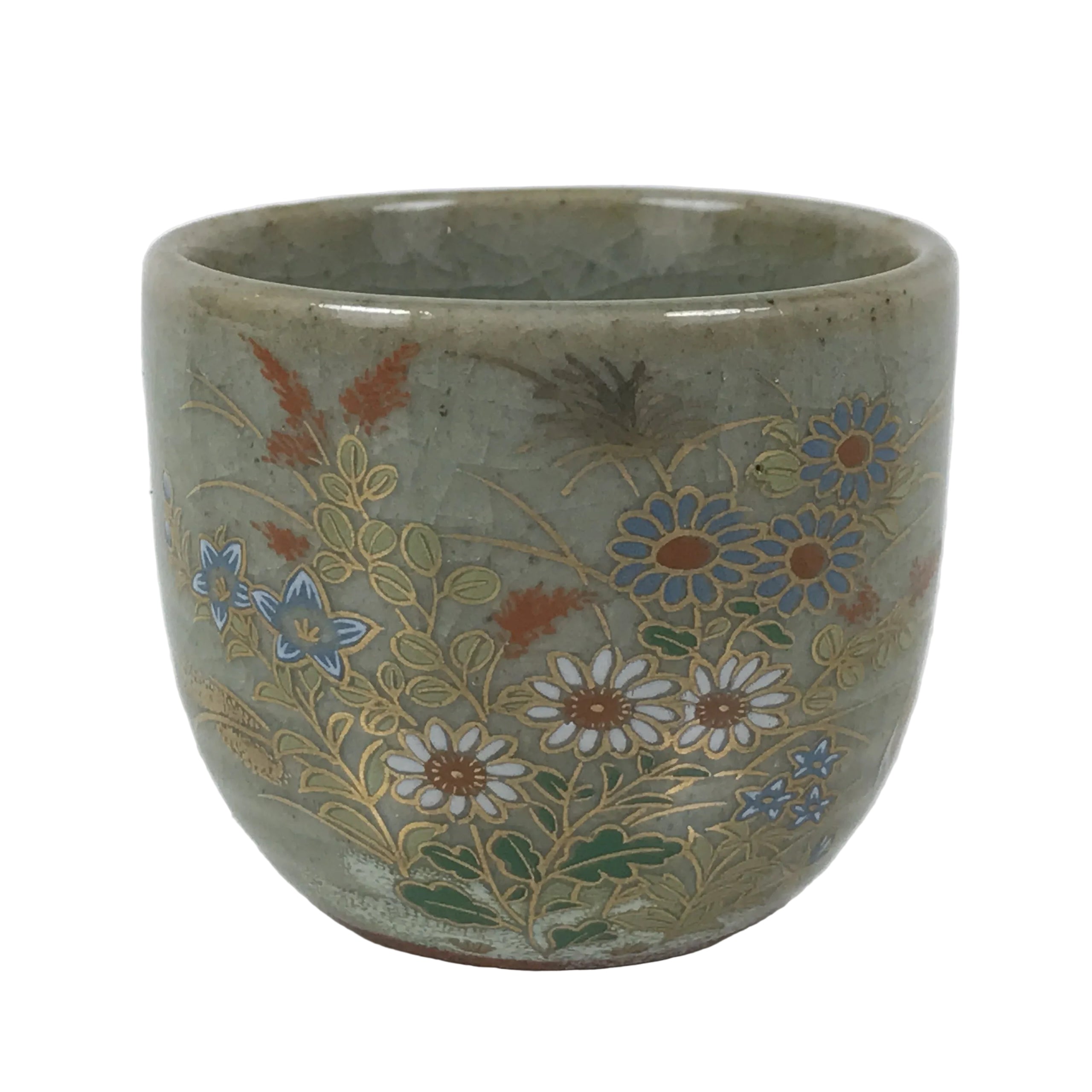 Japanese Kutani Imari Ceramic Sake Cup Vtg Tsubomi Ochoko Flowers Bird Gray G337