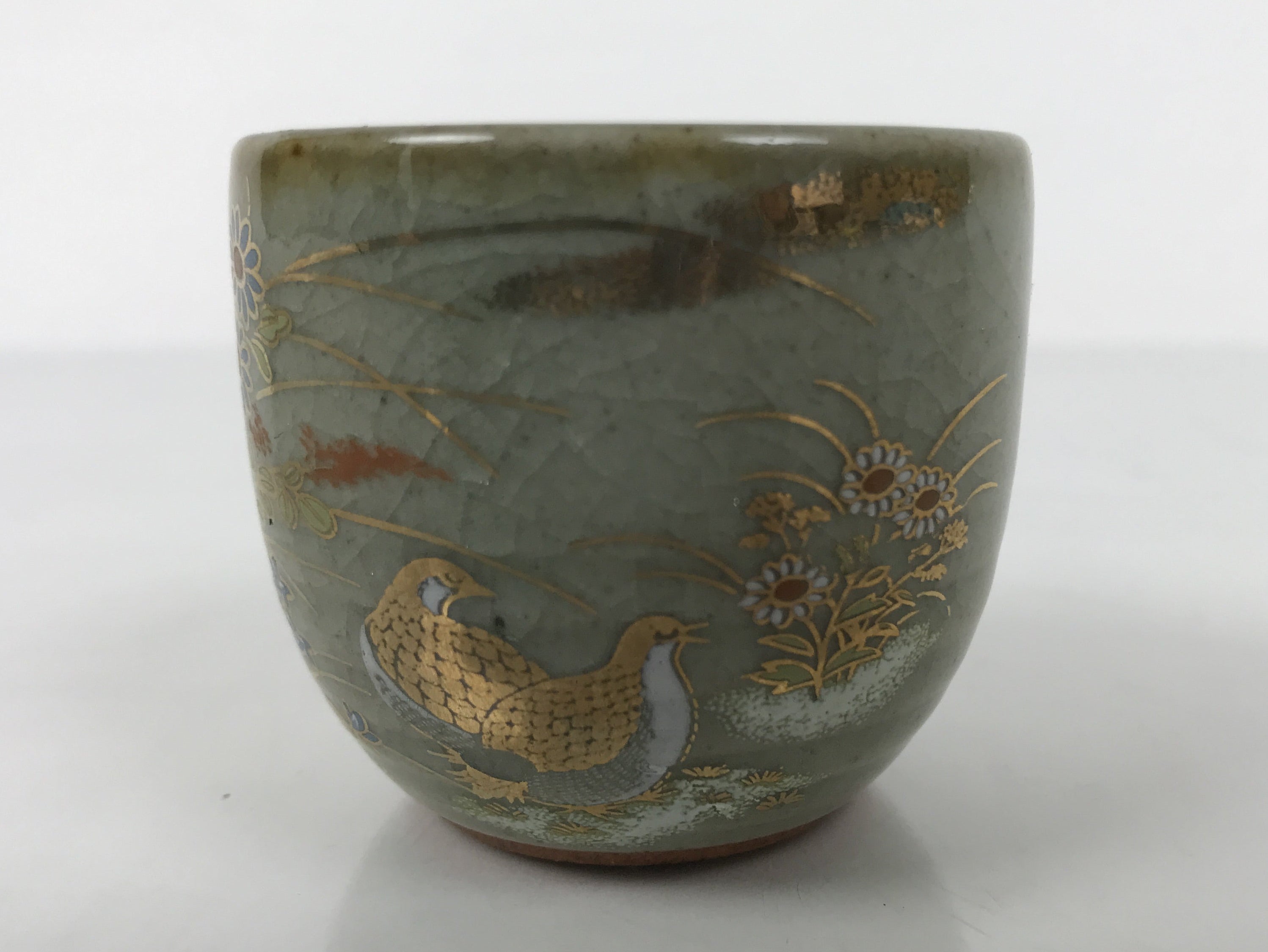 Japanese Kutani Imari Ceramic Sake Cup Vtg Tsubomi Ochoko Flowers Bird Gray G339