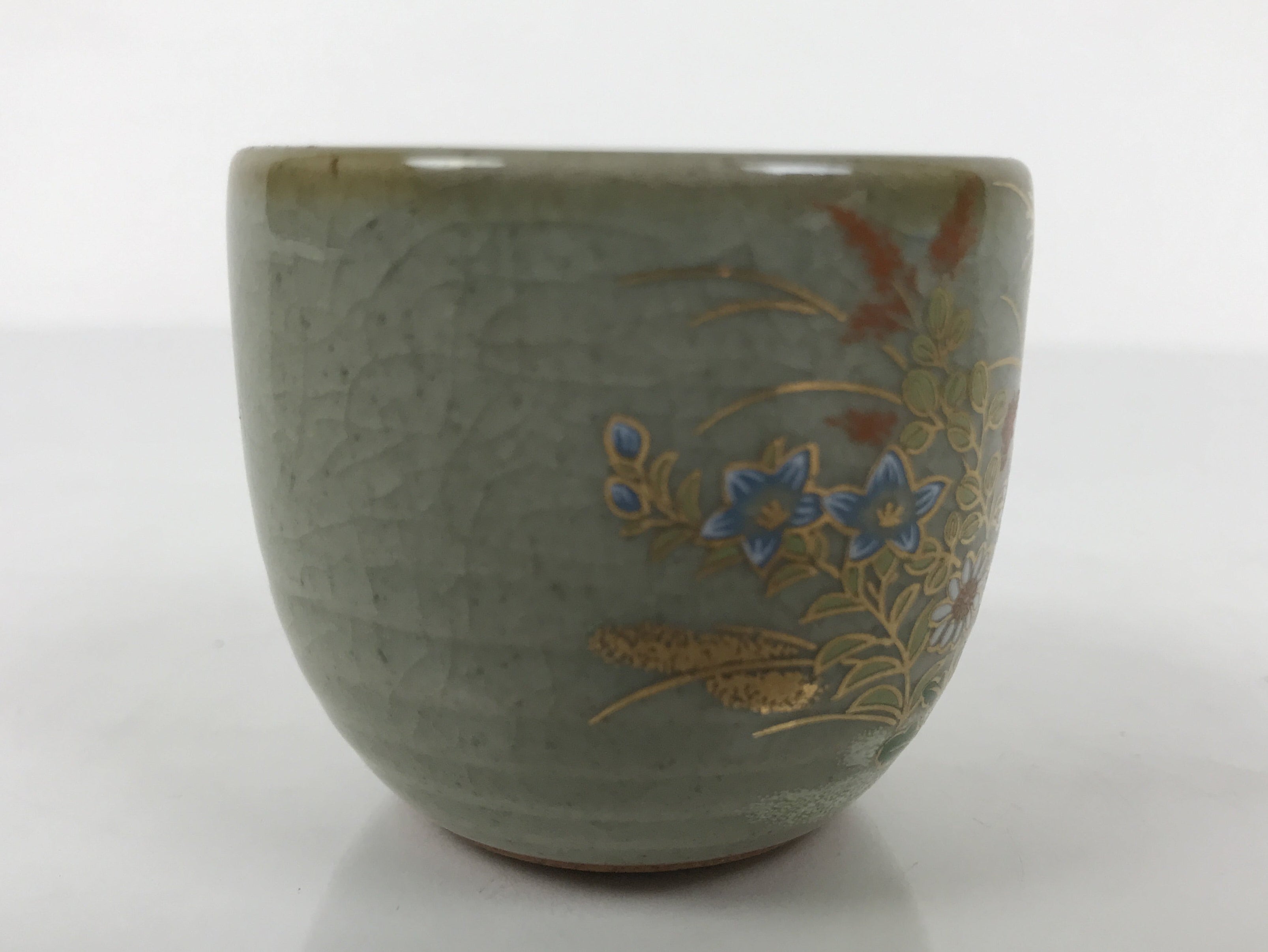 Japanese Kutani Imari Ceramic Sake Cup Vtg Tsubomi Ochoko Flowers Bird Gray G339