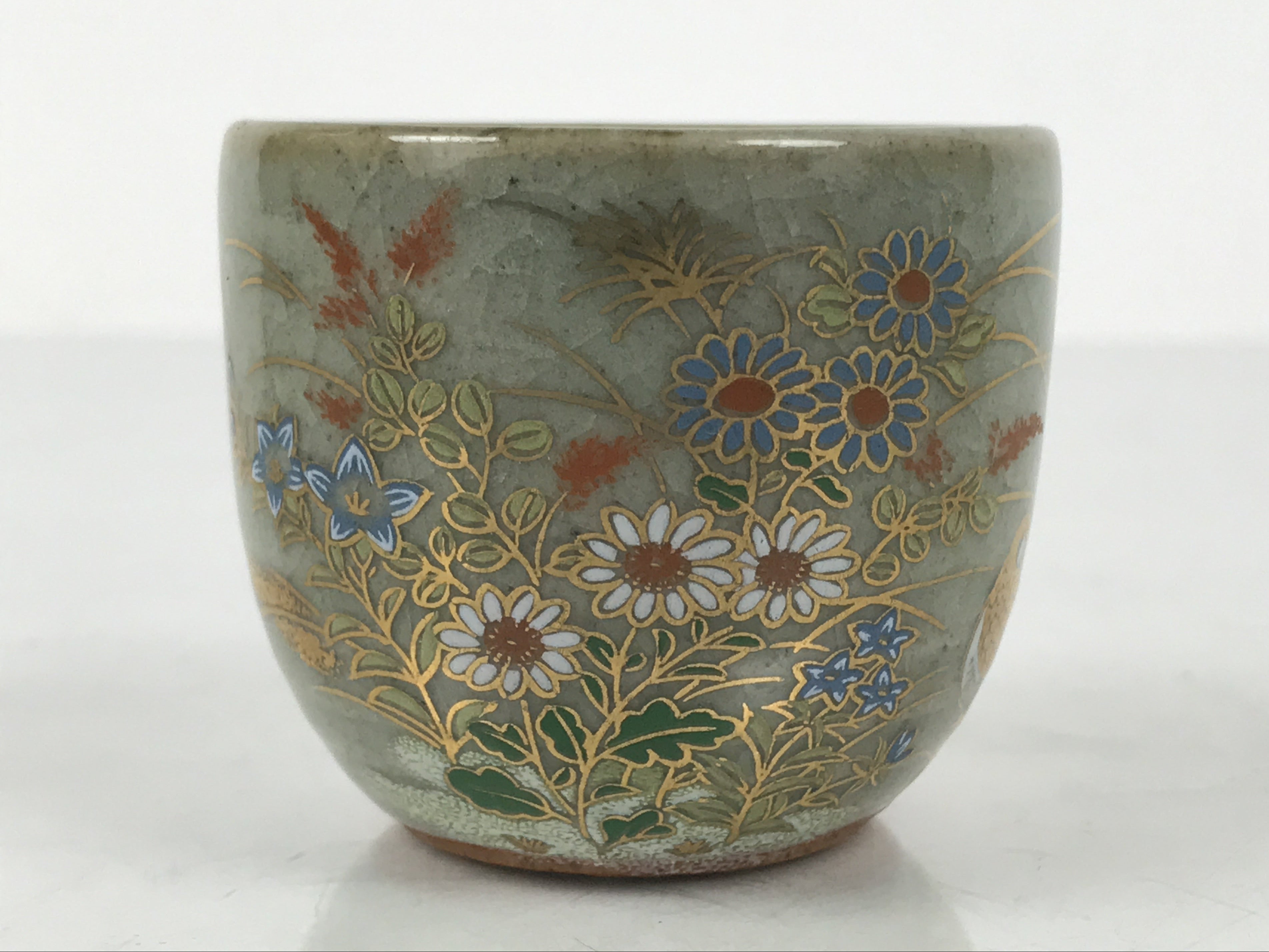 Japanese Kutani Imari Ceramic Sake Cup Vtg Tsubomi Ochoko Flowers Bird Gray G340