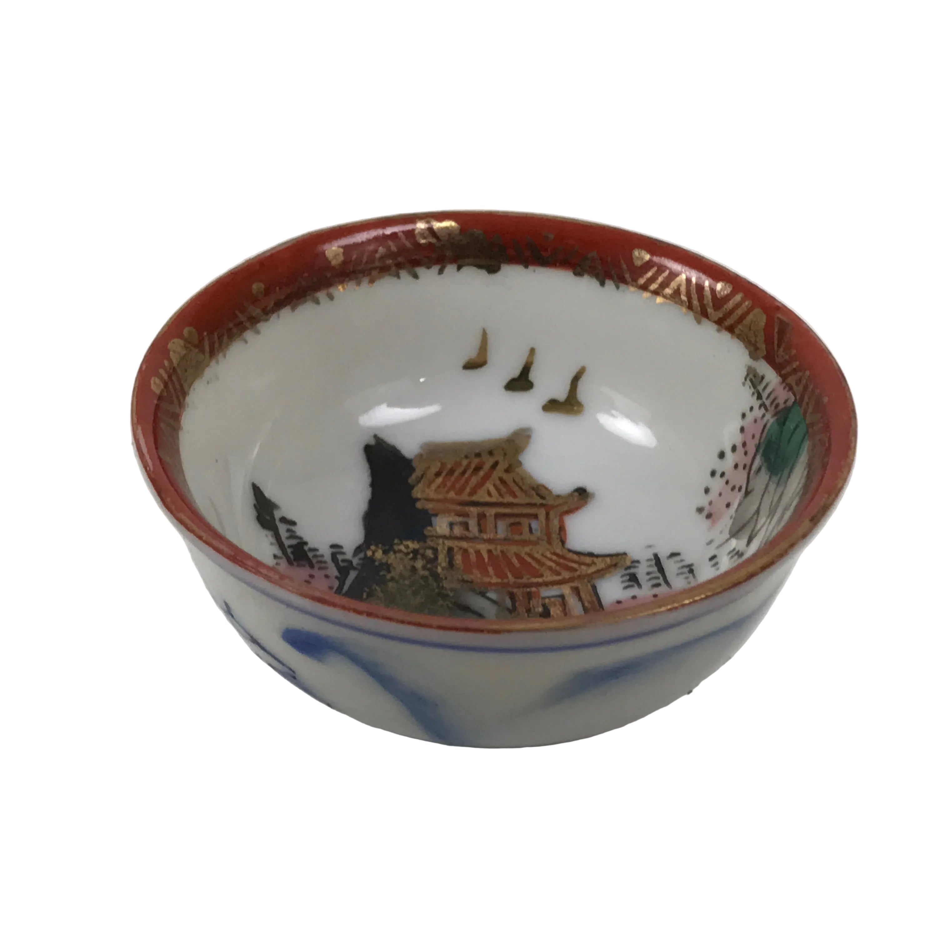 Japanese Kutani Imari Porcelain Sake Cup Vtg Tsubomi Ochoko Mountain Temple G344