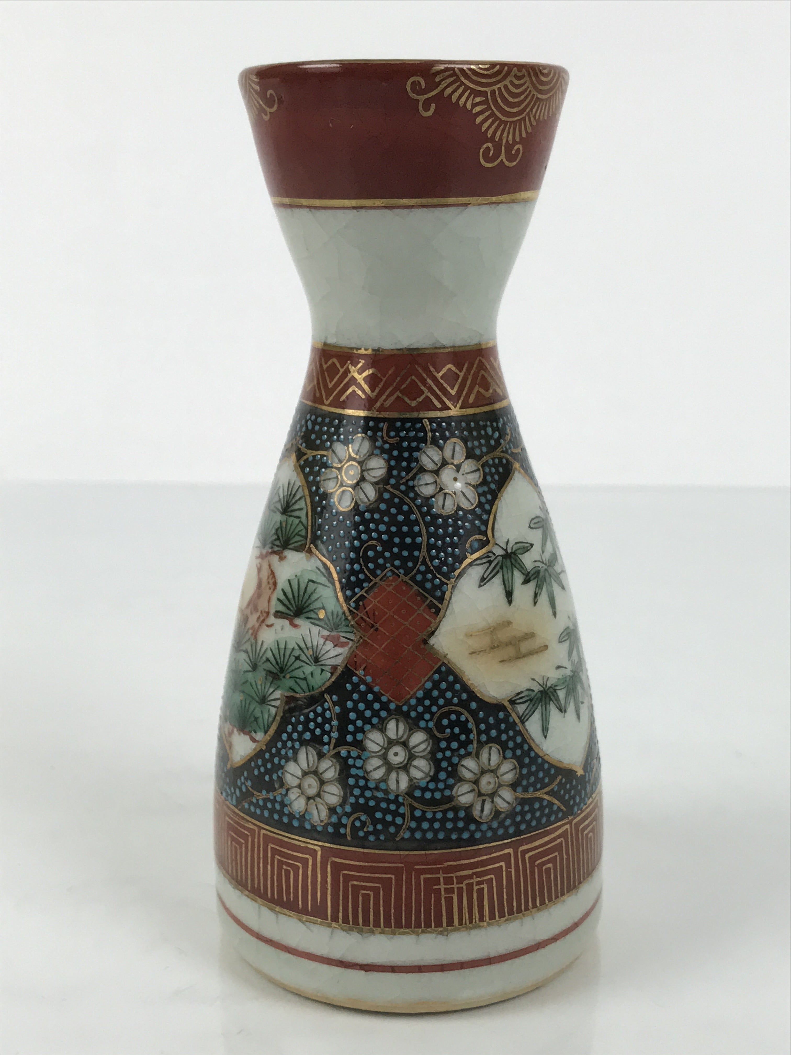 Japanese Kutani Porcelain Sake Bottle Tokkuri Shochikubai Pine Plum Bamboo TS916