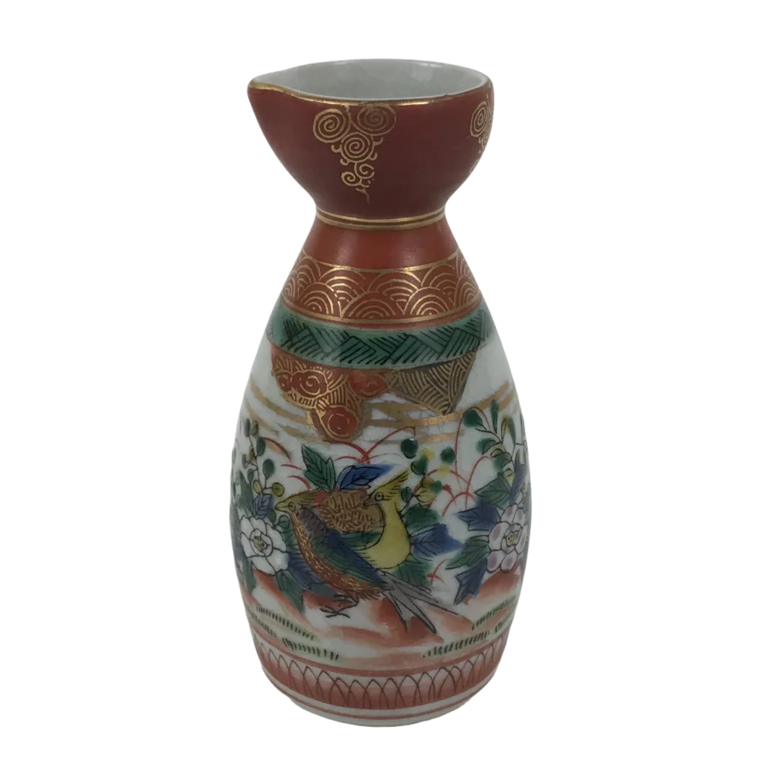 Japanese Kutani Porcelain Sake Bottle Tokkuri Vtg Peony Colorful Birds Red TS918