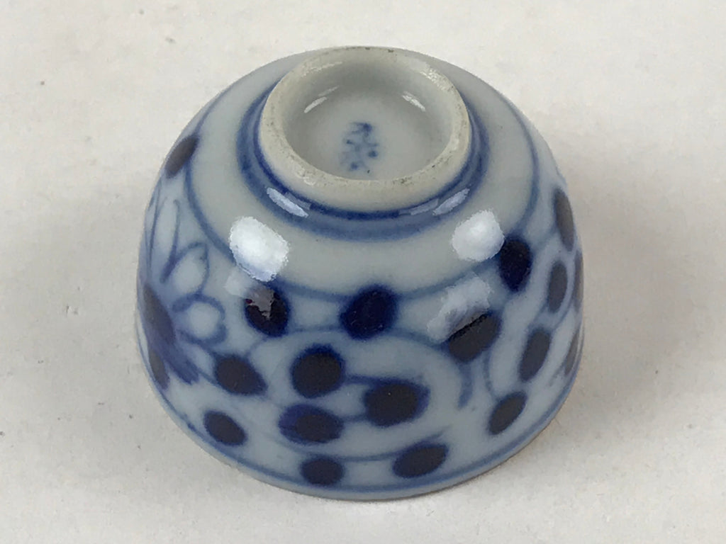 Japanese Kutani Porcelain Sake Cup Vtg Blue White Black Floral Inscriptions G116
