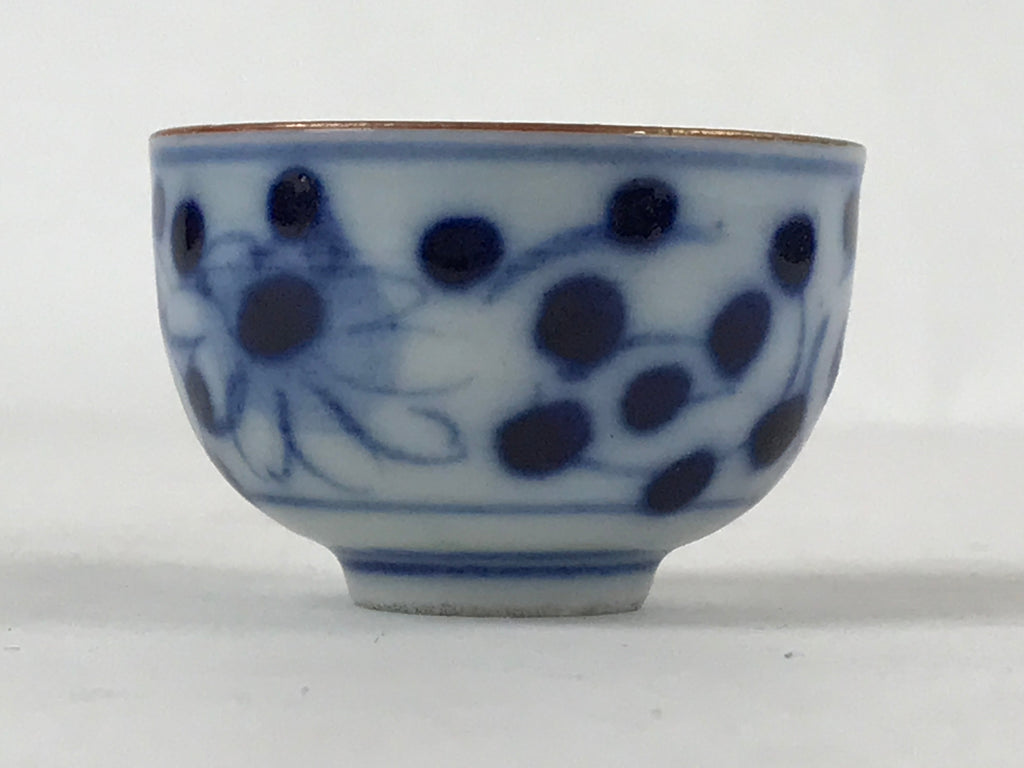 Japanese Kutani Porcelain Sake Cup Vtg Blue White Black Floral Inscriptions G116