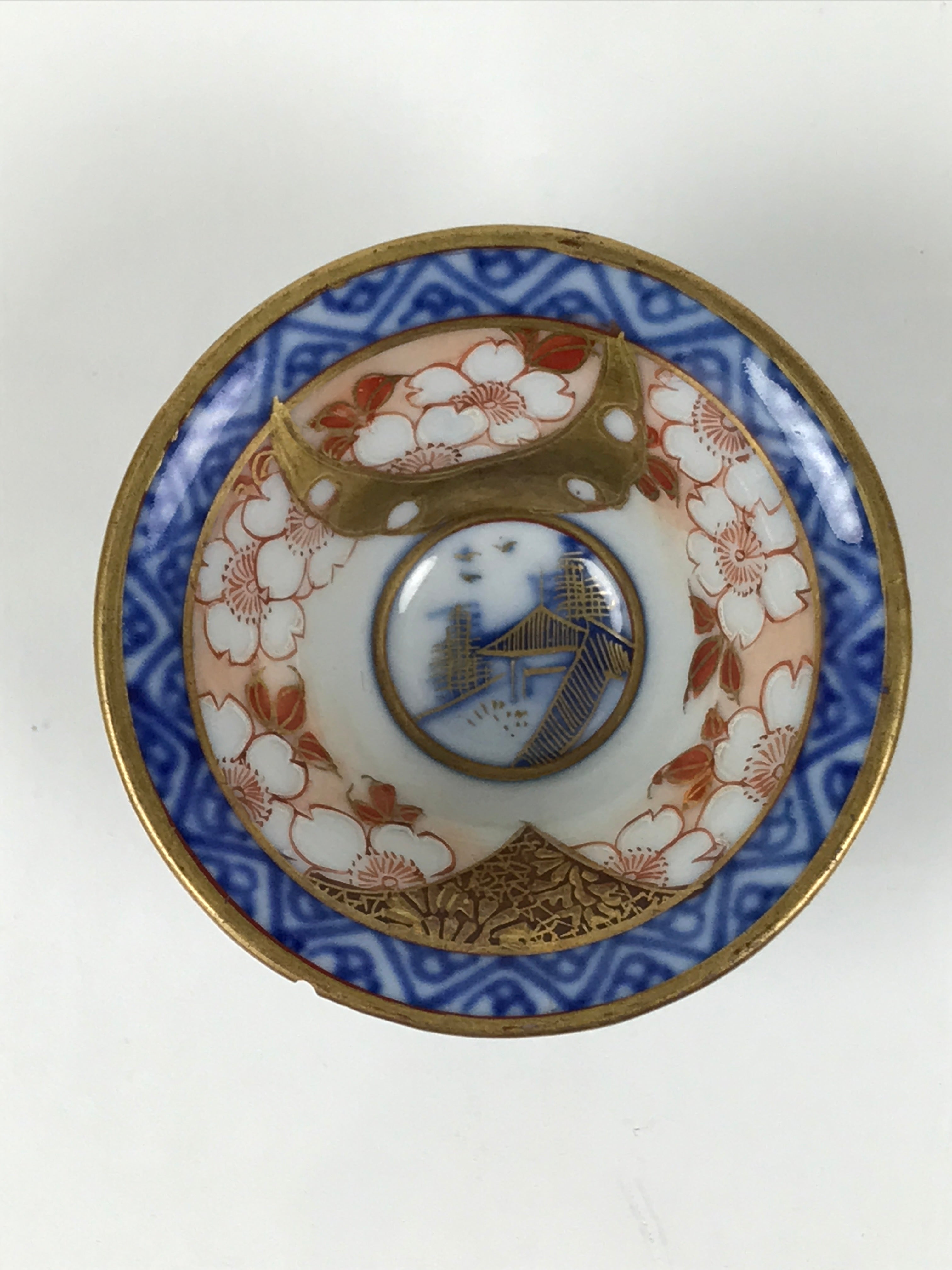 Japanese Kutani Porcelain Sake Cup Vtg Rappa Ochoko Cherry Blossom Temple G302