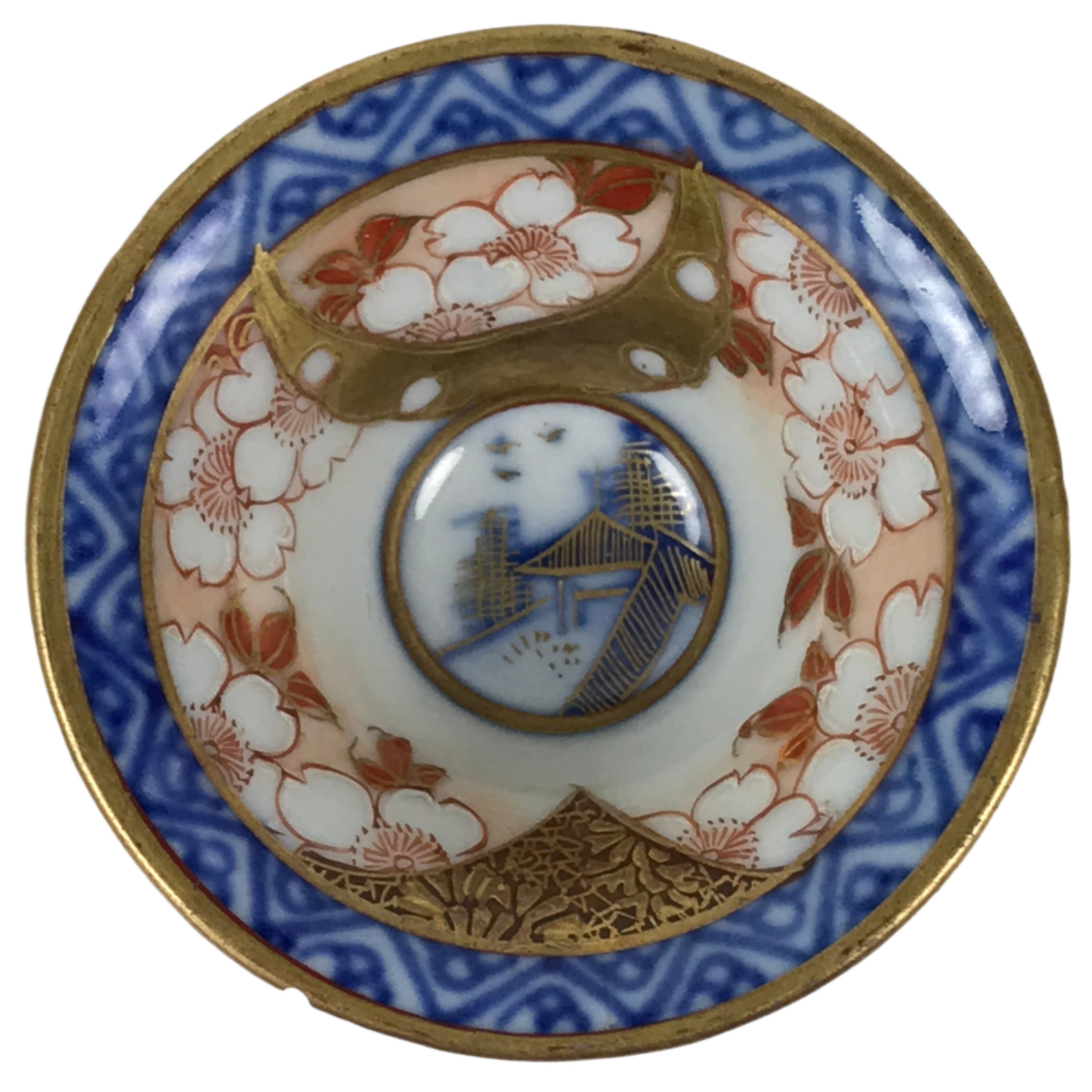 Japanese Kutani Porcelain Sake Cup Vtg Rappa Ochoko Cherry Blossom Temple G302