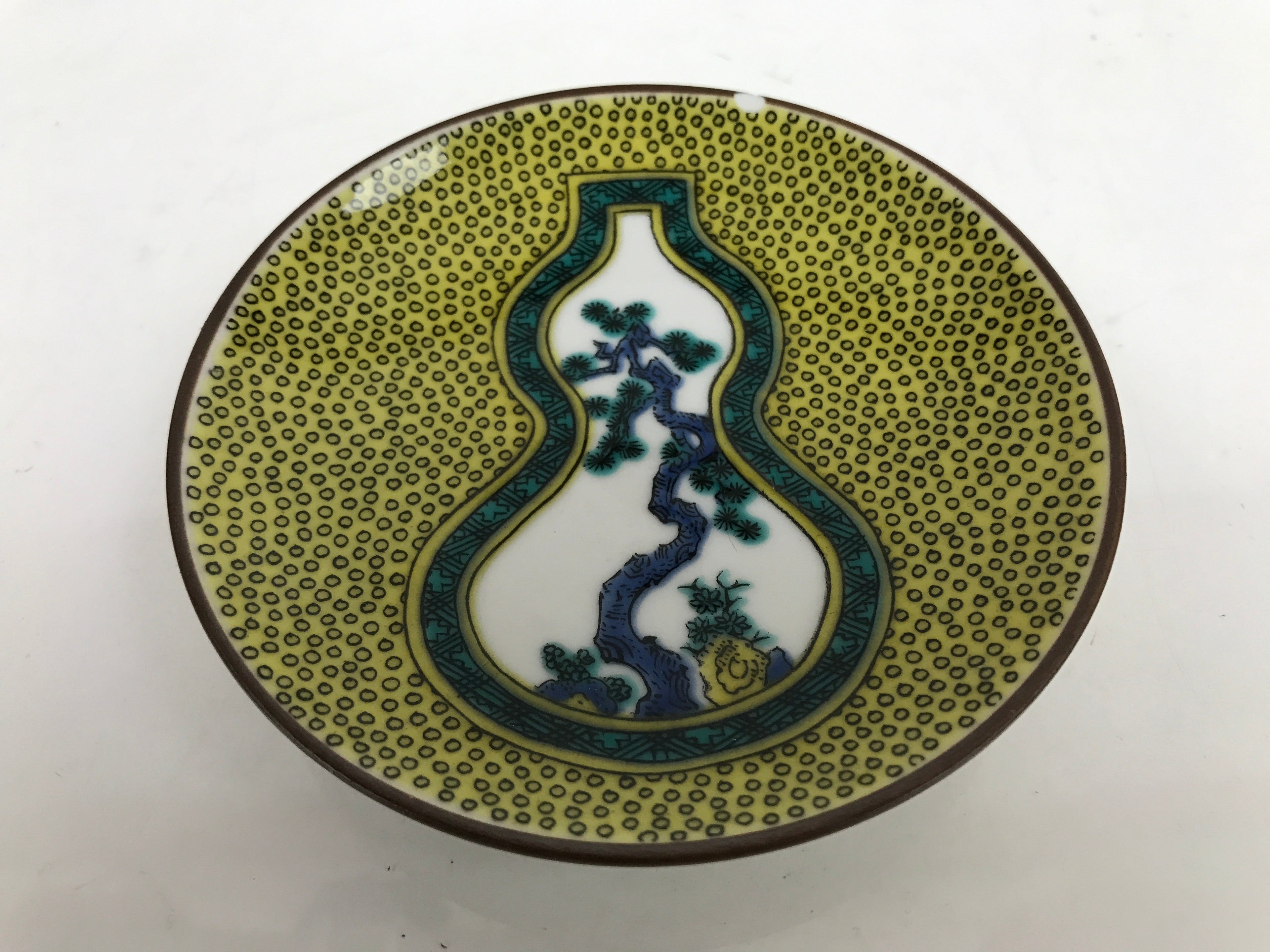 Japanese Kutani Porcelain Small Plate Mamezara Vtg Hyotan Gourd Pine Yellow Y93