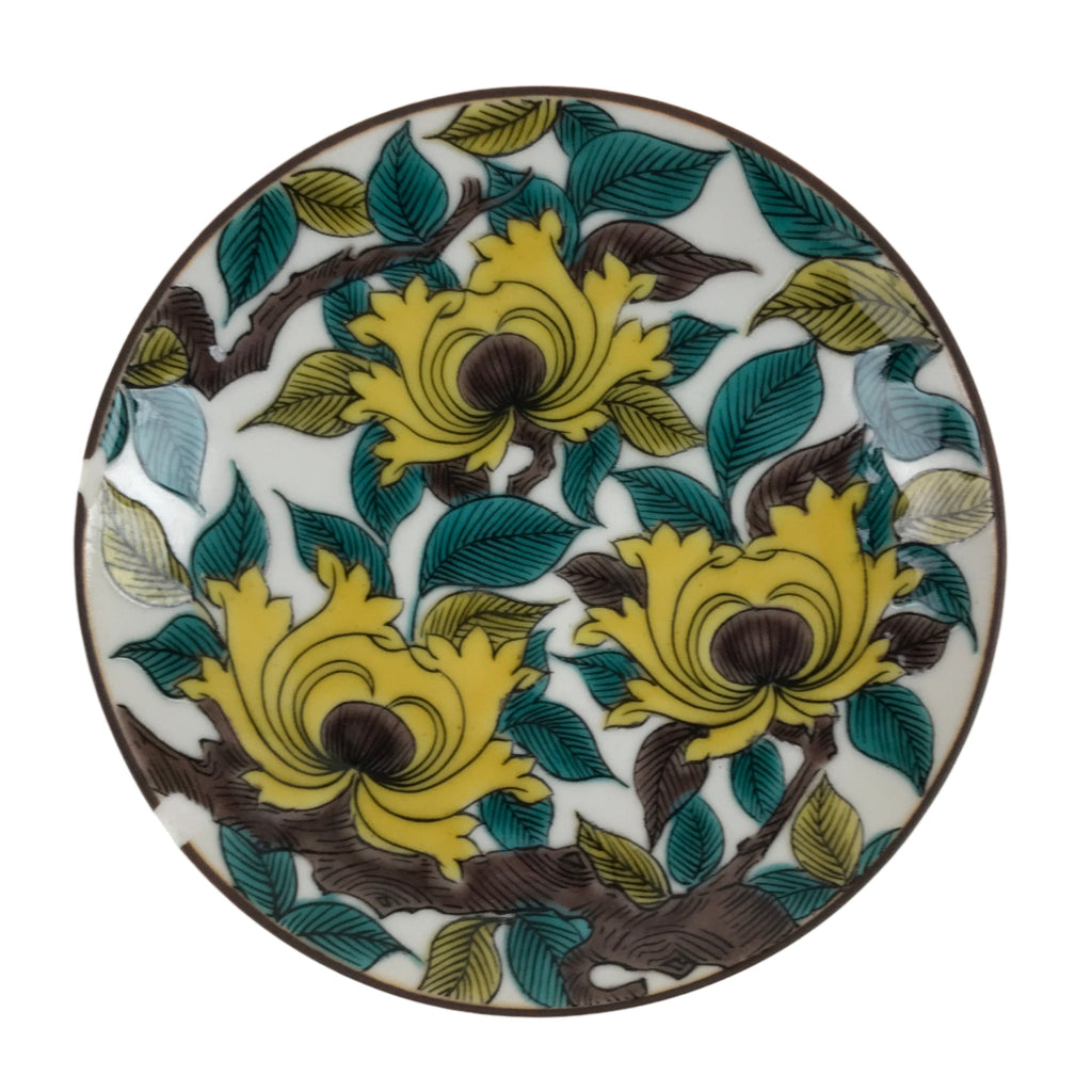 Japanese Kutani Porcelain Small Plate Mamezara Vtg Yellow Peony Flowers Y94