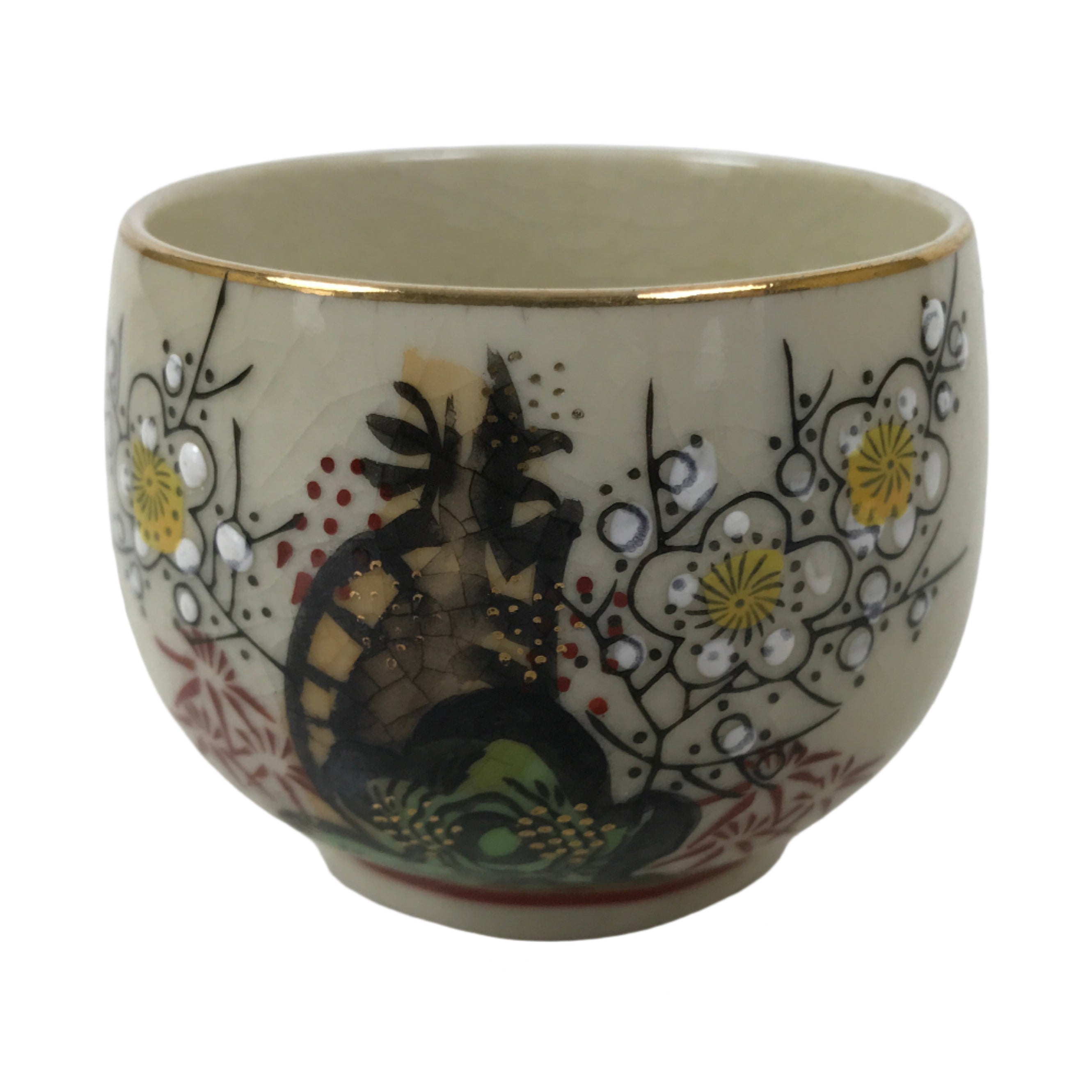 Japanese Kutani Porcelain Teacup Vtg Ducks Plum Blossom Beige Red Yunomi TC596