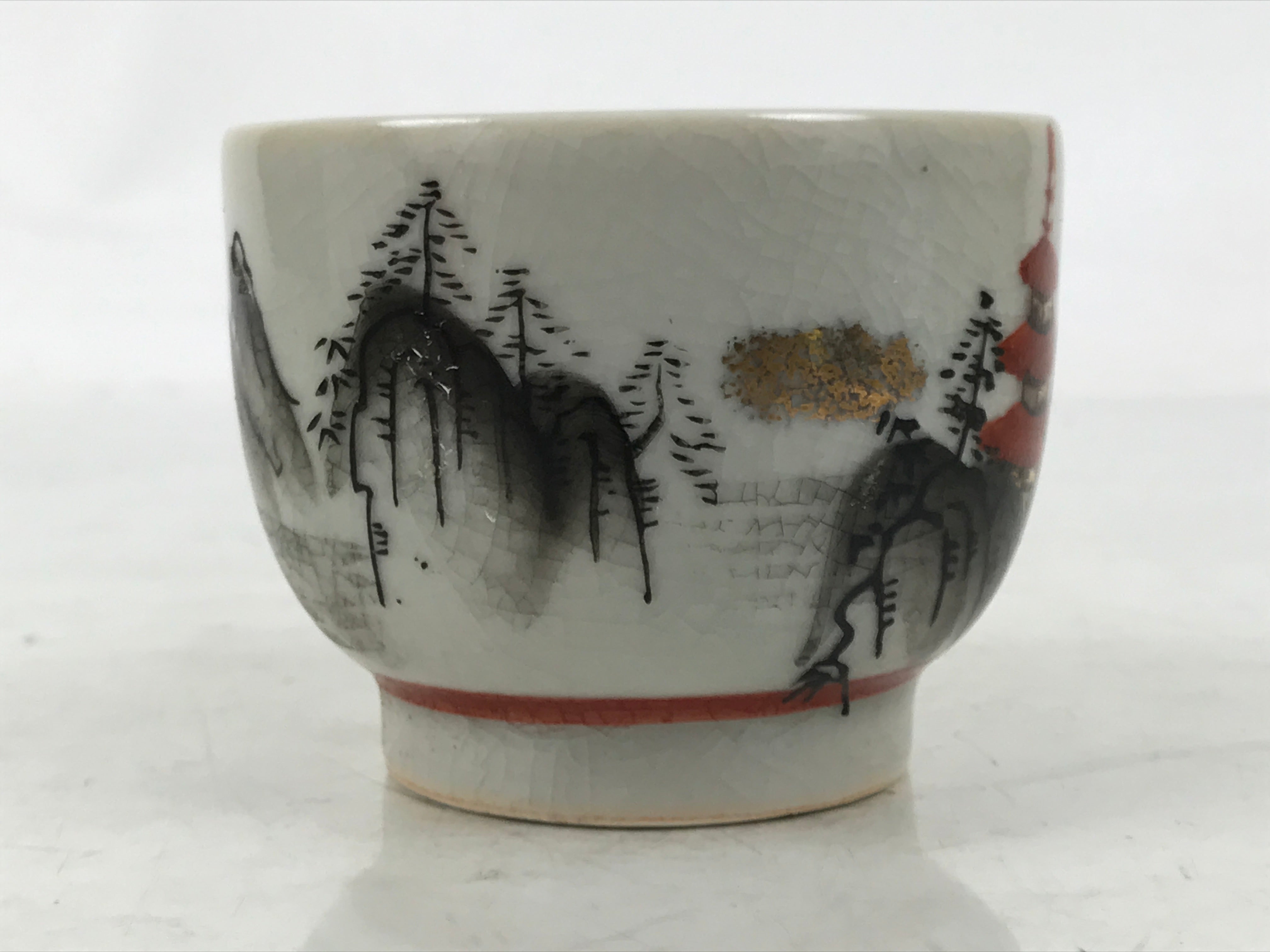 Japanese Kutani Porcelain Teacup Vtg Yunomi Pagoda Mountain Scene Sencha TC607