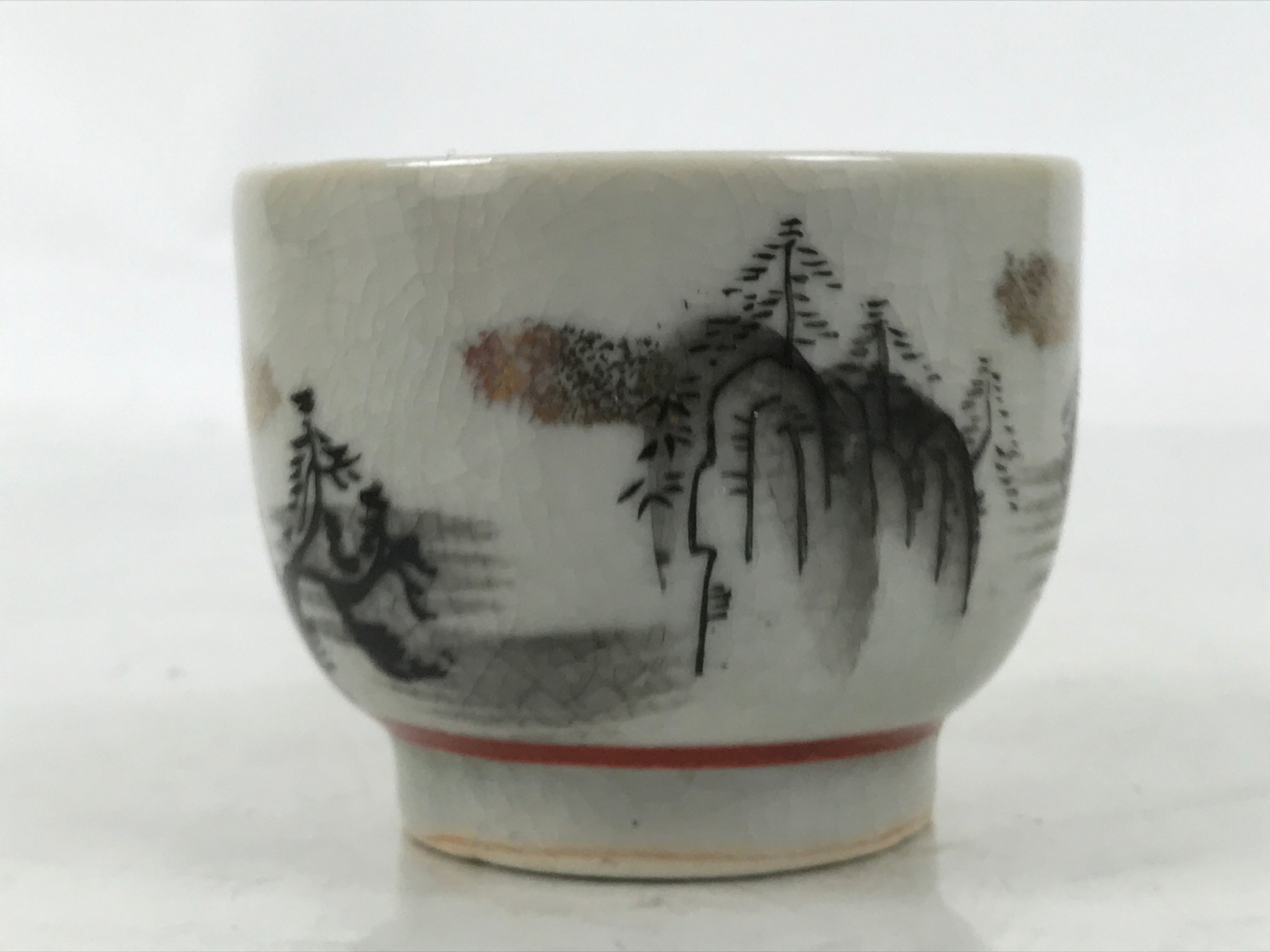 Japanese Kutani Porcelain Teacup Vtg Yunomi Pagoda Mountain Scene Sencha TC607