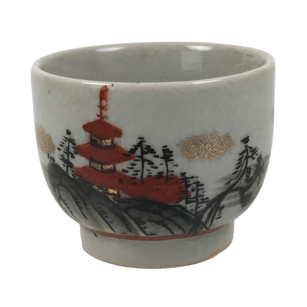Japanese Kutani Porcelain Teacup Vtg Yunomi Pagoda Mountain Scene Sencha TC607