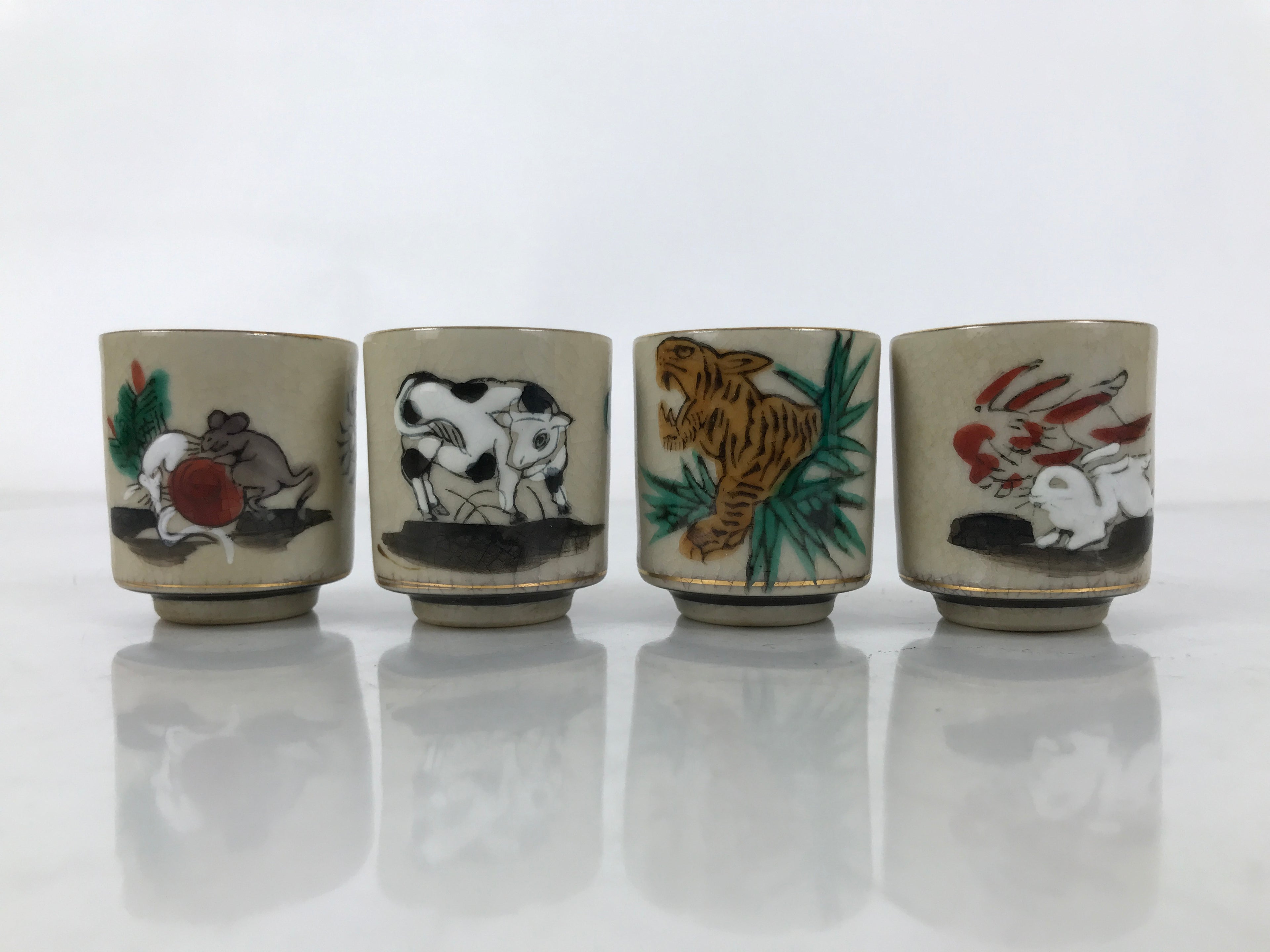 Japanese Kutani Ware Ceramic Sake Cup 12pc Set Vtg Guinomi Sakazuki Zodiac PX773