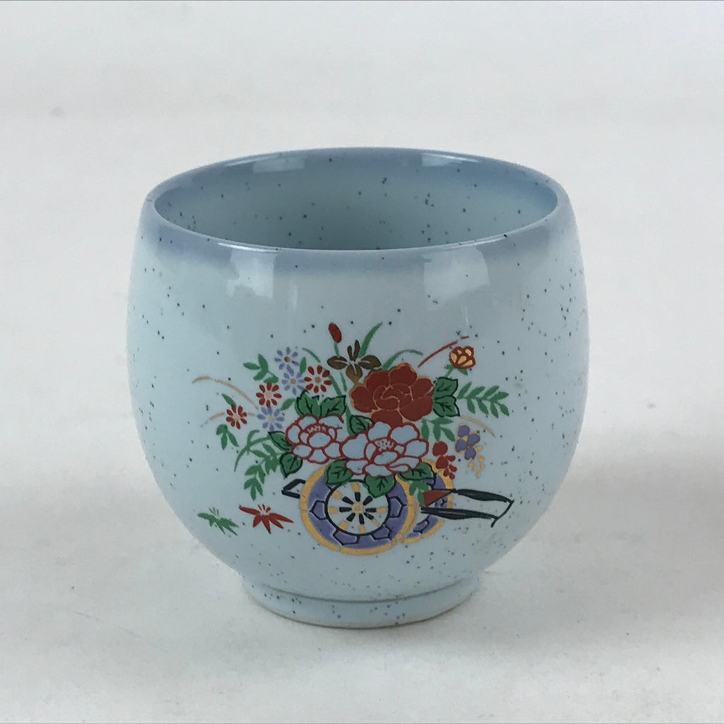 Japanese Kutani Ware Ceramic Teacup Vtg Blue Flower Design Pottery Yunomi TC392