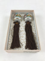 Japanese Kutani Ware Hanging Scroll Weights Vtg Fuchin Kakejiku Brown Tassel FC3