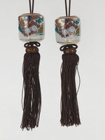 Japanese Kutani Ware Hanging Scroll Weights Vtg Fuchin Kakejiku Brown Tassel FC3