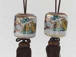 Japanese Kutani Ware Hanging Scroll Weights Vtg Fuchin Kakejiku Brown Tassel FC3