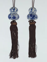 Japanese Kutani Ware Hanging Scroll Weights Vtg Fuchin Kakejiku Brown Tassel FC3