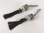 Japanese Kutani Ware Hanging Scroll Weights Vtg Fuchin Kakejiku Brown Tassel FC3