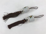 Japanese Kutani Ware Hanging Scroll Weights Vtg Fuchin Kakejiku Brown Tassel FC3