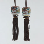 Japanese Kutani Ware Hanging Scroll Weights Vtg Fuchin Kakejiku Brown Tassel FC3