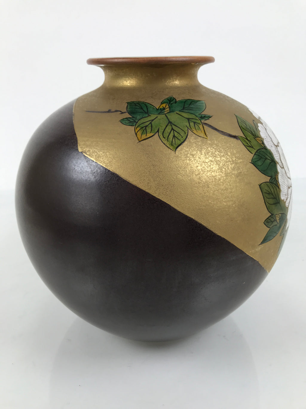 Japanese Kutani Ware Porcelain Flower Vase Ikebana Kabin Peony Gold Brown FK230