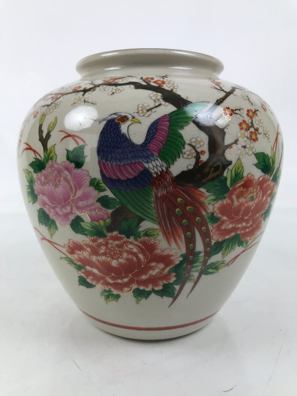 Japanese Kutani Ware Porcelain Flower Vase Ikebana Kabin Peony Pheasant FK177