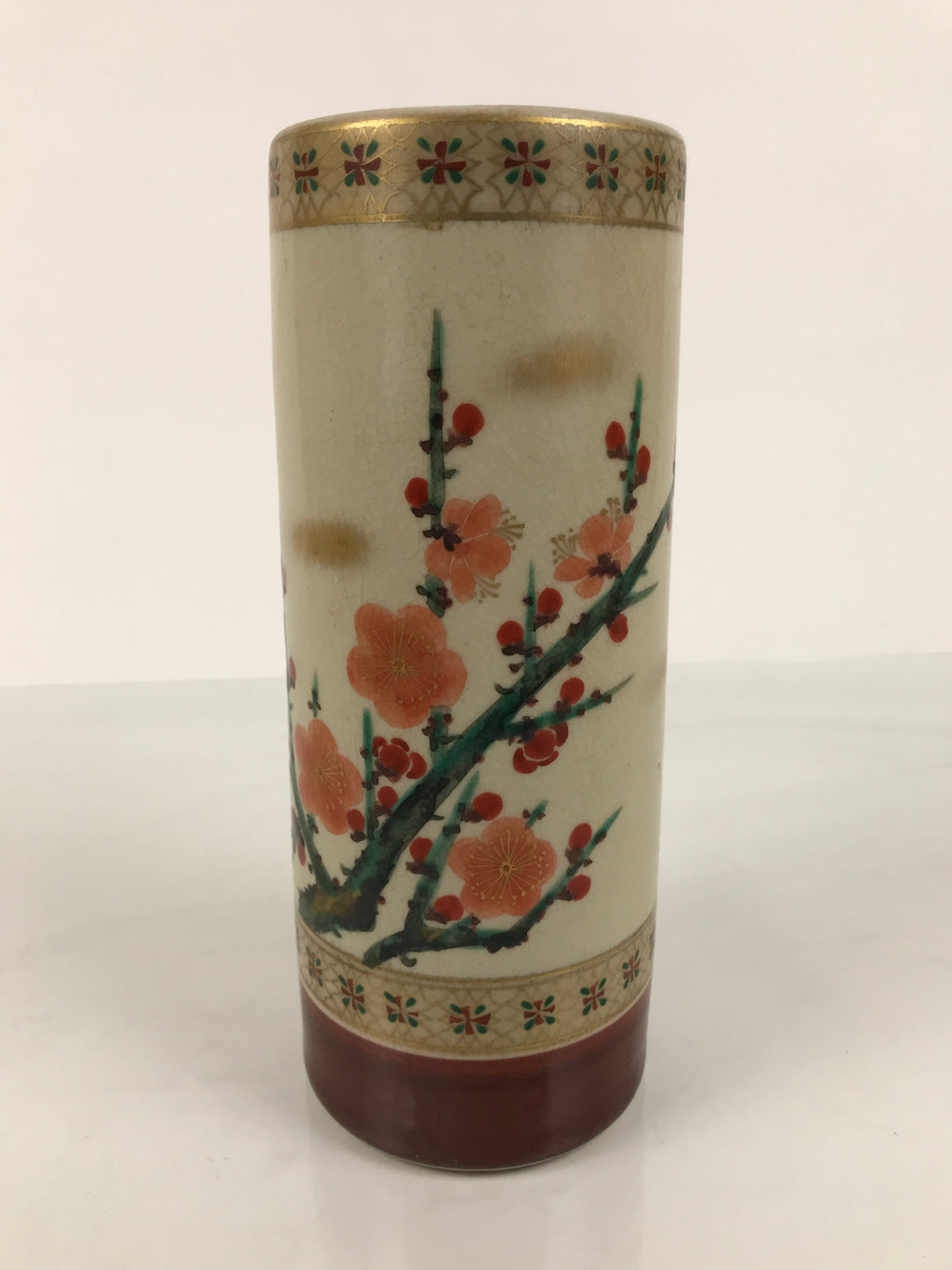 Japanese Kutani Ware Porcelain Flower Vase Ikebana Kabin Plum Ume Cylinder FK237