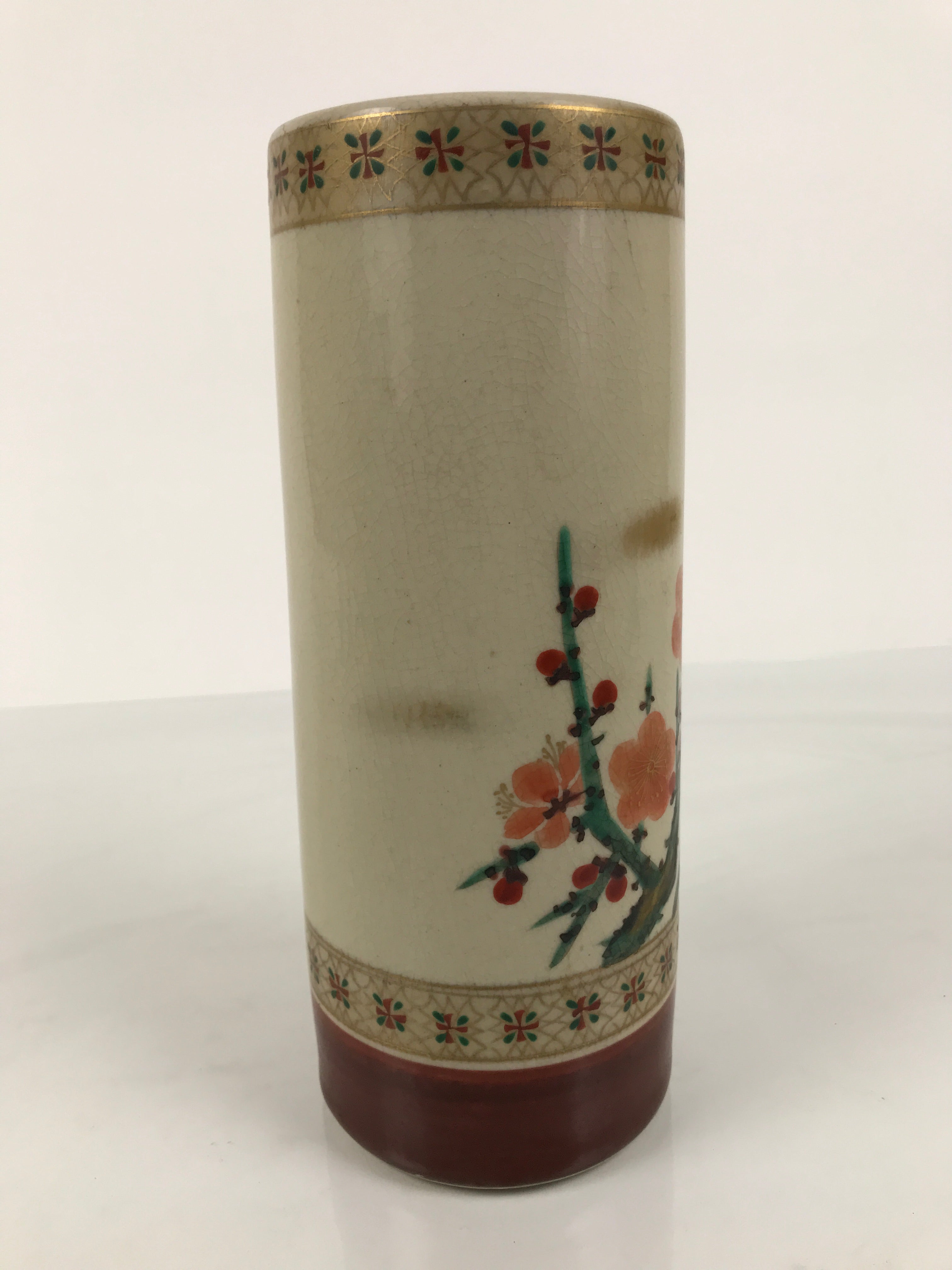 Japanese Kutani Ware Porcelain Flower Vase Ikebana Kabin Plum Ume Cylinder FK237