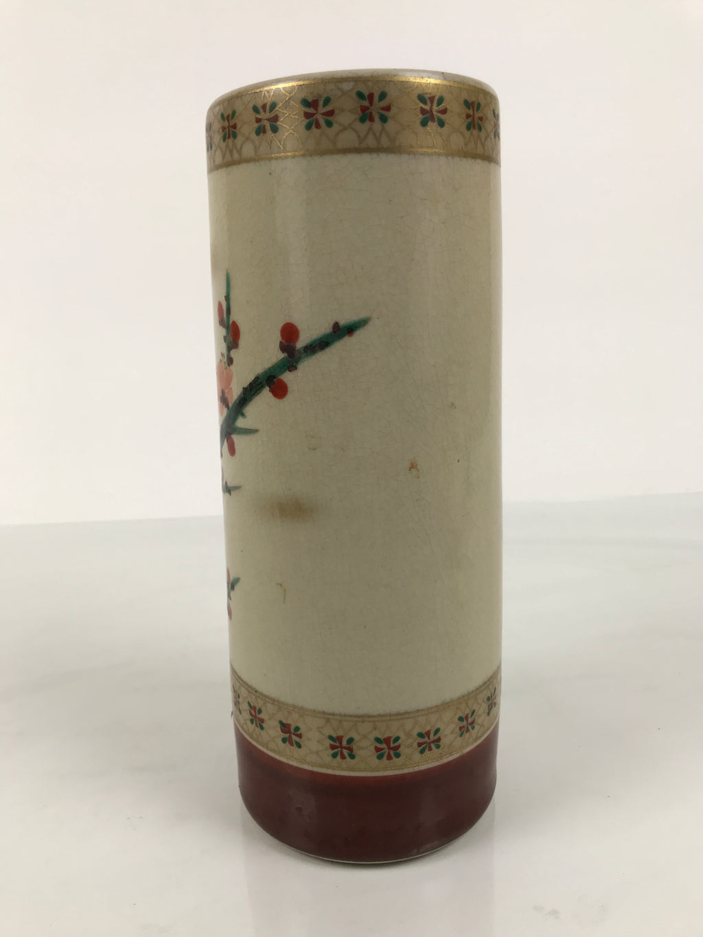 Japanese Kutani Ware Porcelain Flower Vase Ikebana Kabin Plum Ume Cylinder FK237