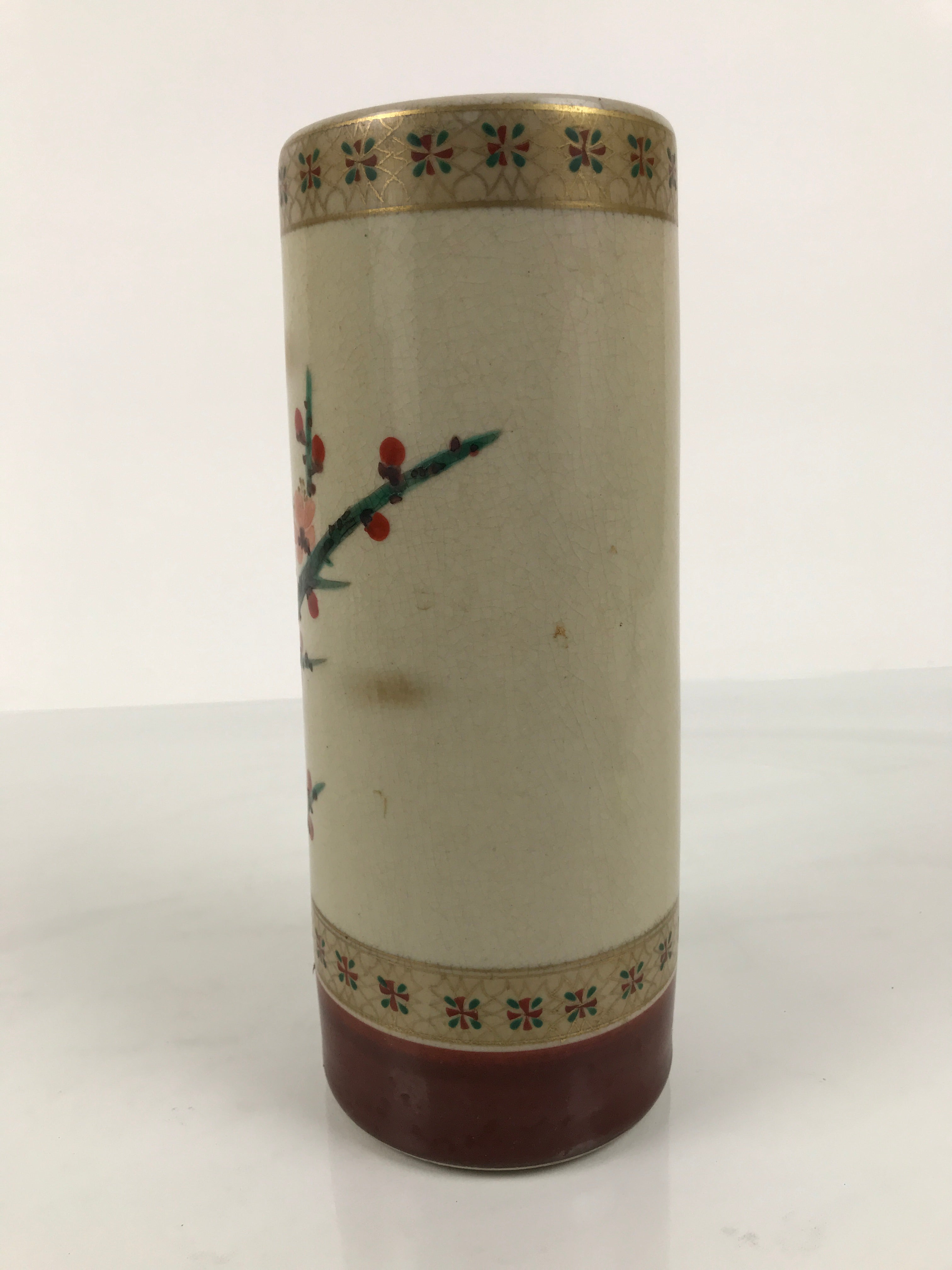 Japanese Kutani Ware Porcelain Flower Vase Ikebana Kabin Plum Ume Cylinder FK237