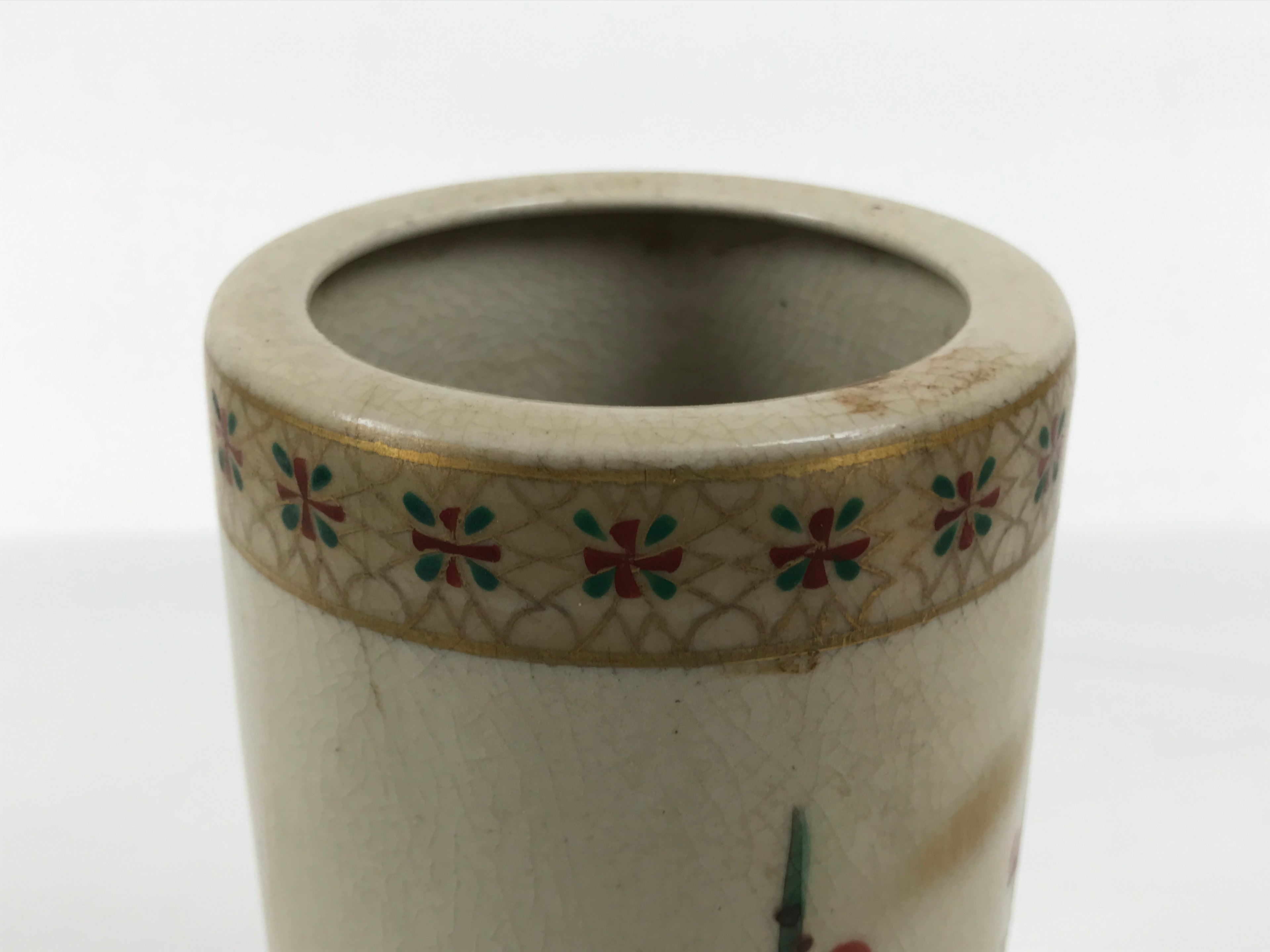 Japanese Kutani Ware Porcelain Flower Vase Ikebana Kabin Plum Ume Cylinder FK237