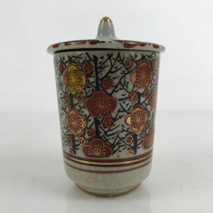 Japanese Kutani Ware Porcelain Lidded Teacup Vtg Plum Blossom Red Gold TC506