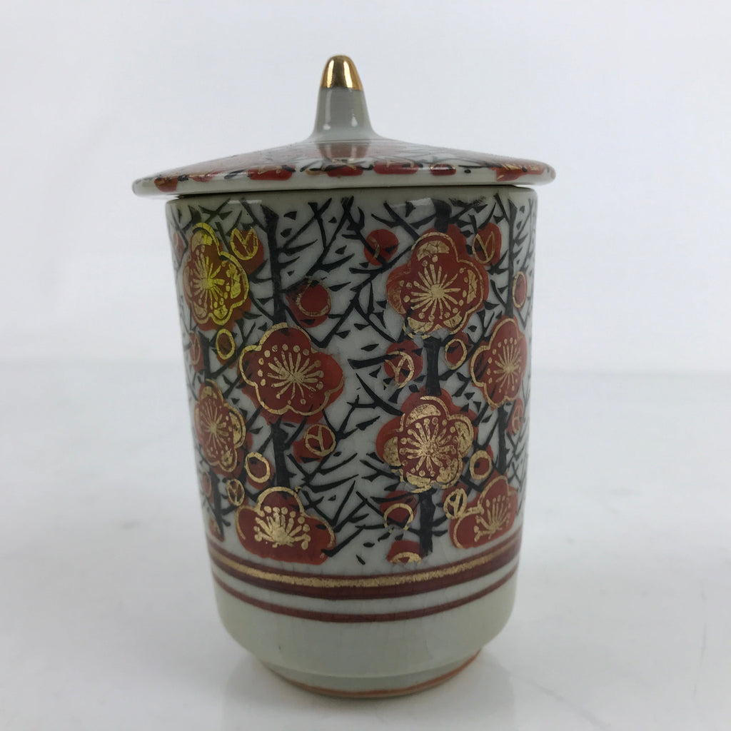 Japanese Kutani Ware Porcelain Lidded Teacup Vtg Plum Blossom Red Gold TC507