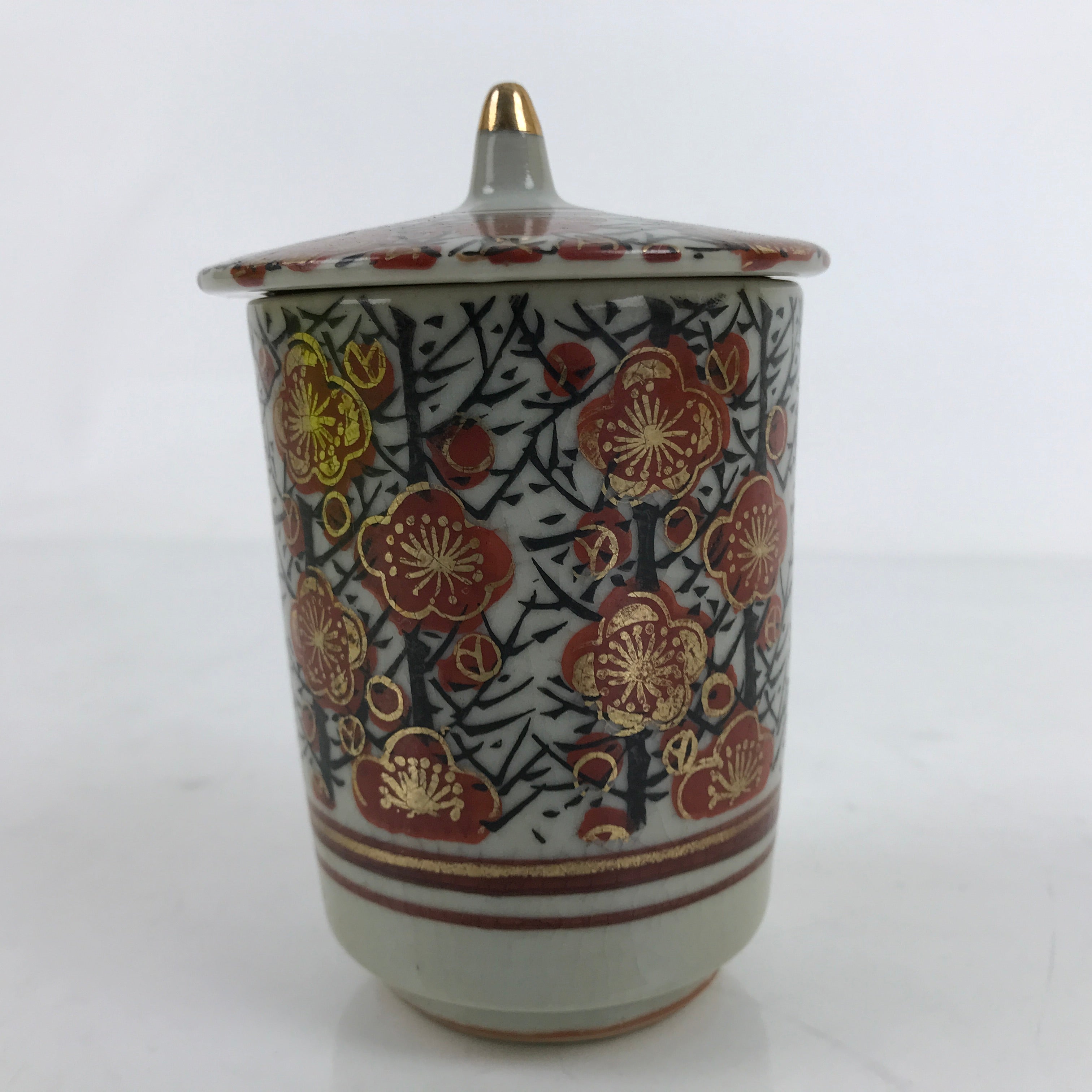 Japanese Kutani Ware Porcelain Lidded Teacup Vtg Plum Blossom Red Gold TC507