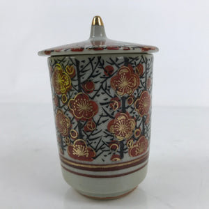 Japanese Kutani Ware Porcelain Lidded Teacup Vtg Plum Blossom Red Gold TC507