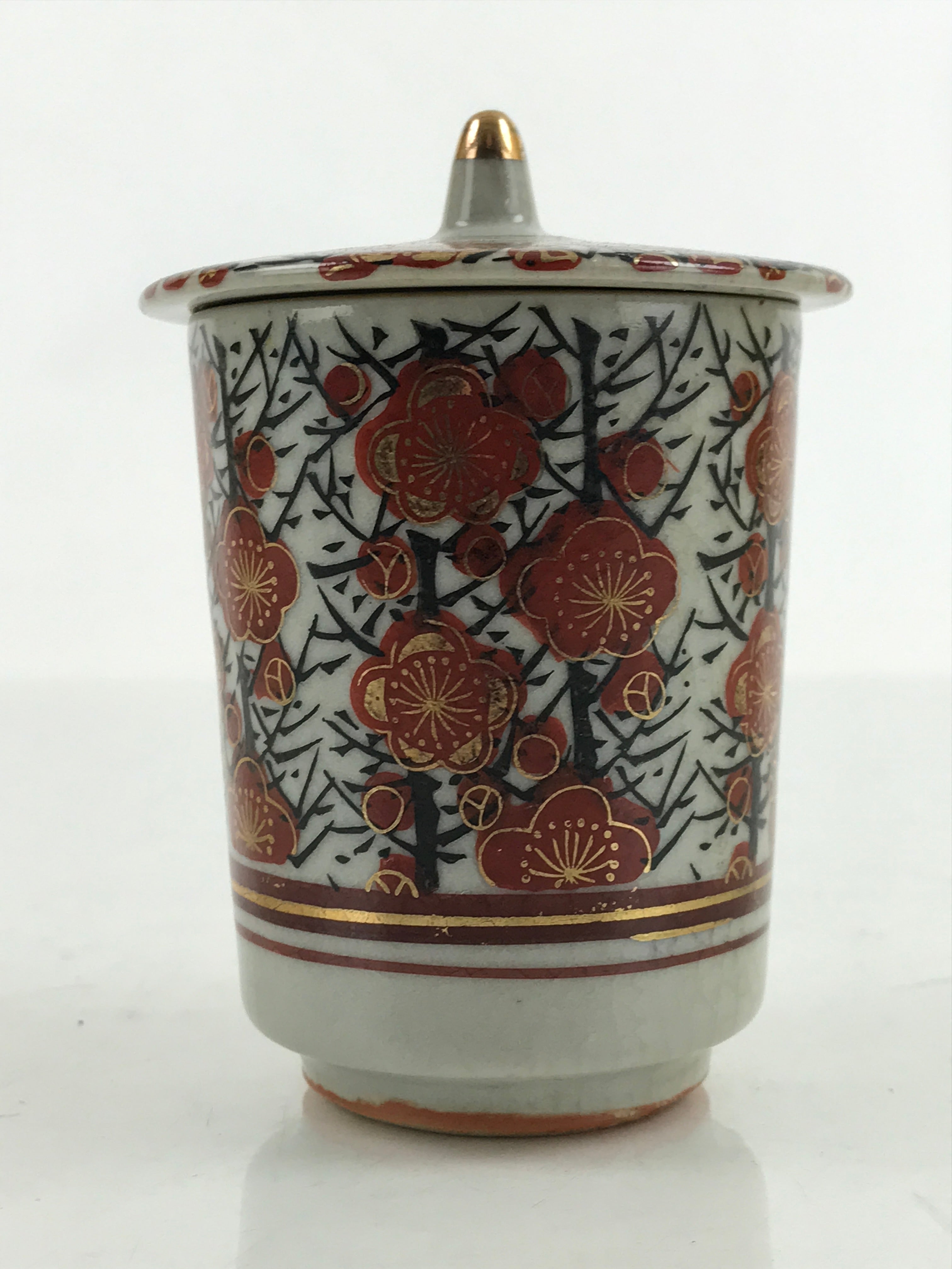 Japanese Kutani Ware Porcelain Lidded Teacup Vtg Plum Blossom Red Gold TC508