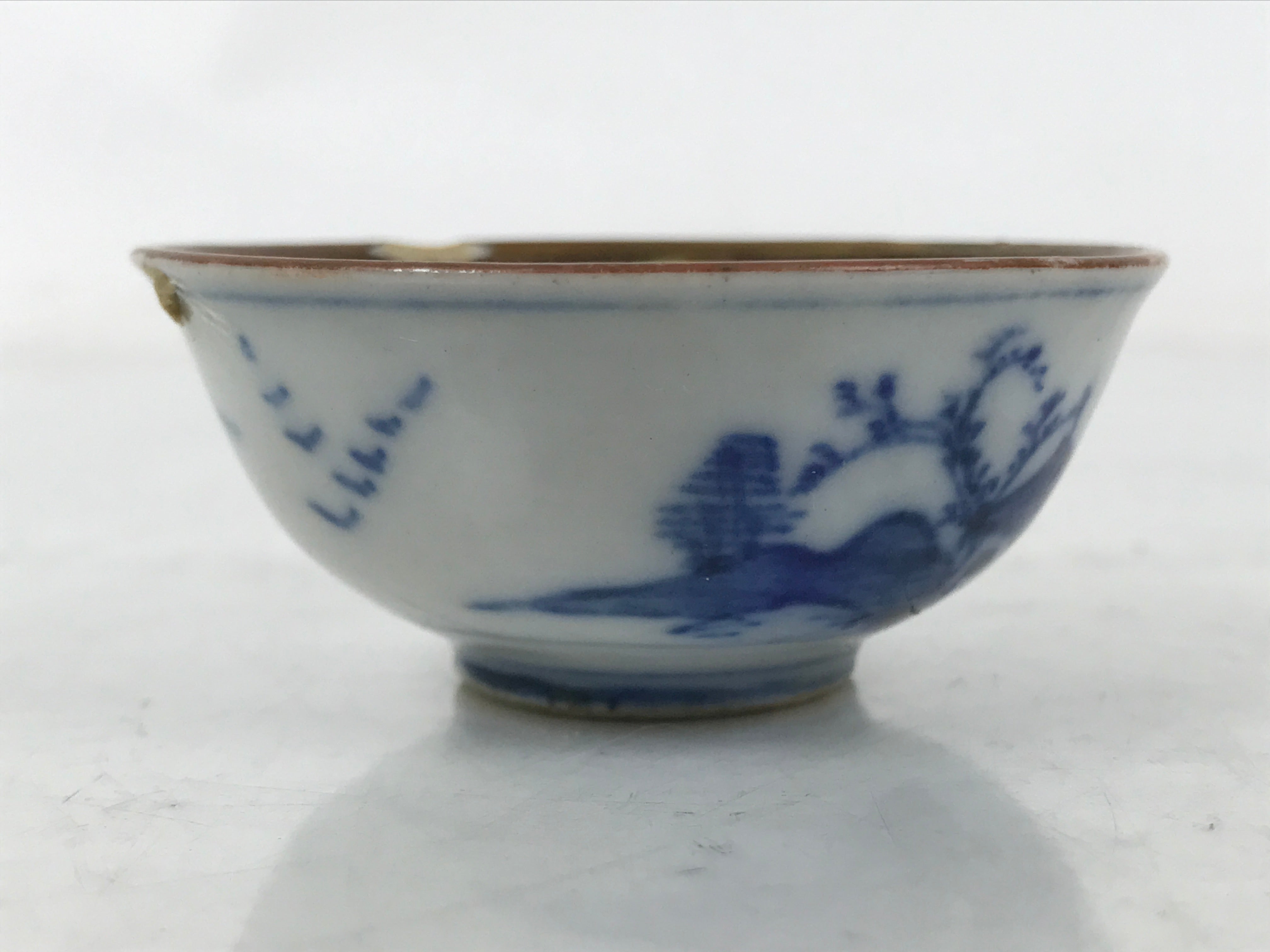 Japanese Kutani Ware Porcelain Sake Cup Vtg Ochoko Blue White Gold Kimono G278