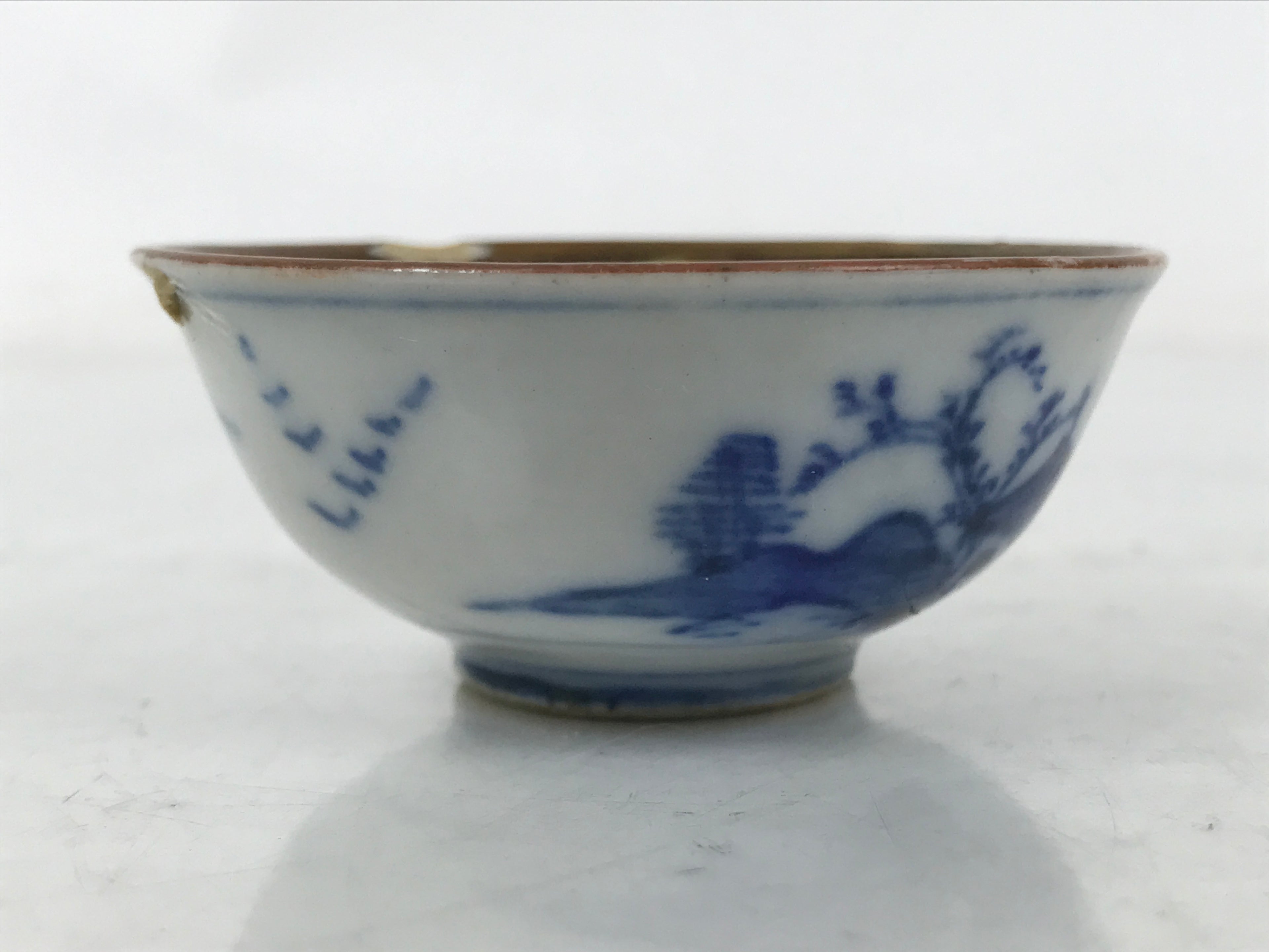 Japanese Kutani Ware Porcelain Sake Cup Vtg Ochoko Blue White Gold Kimono G278