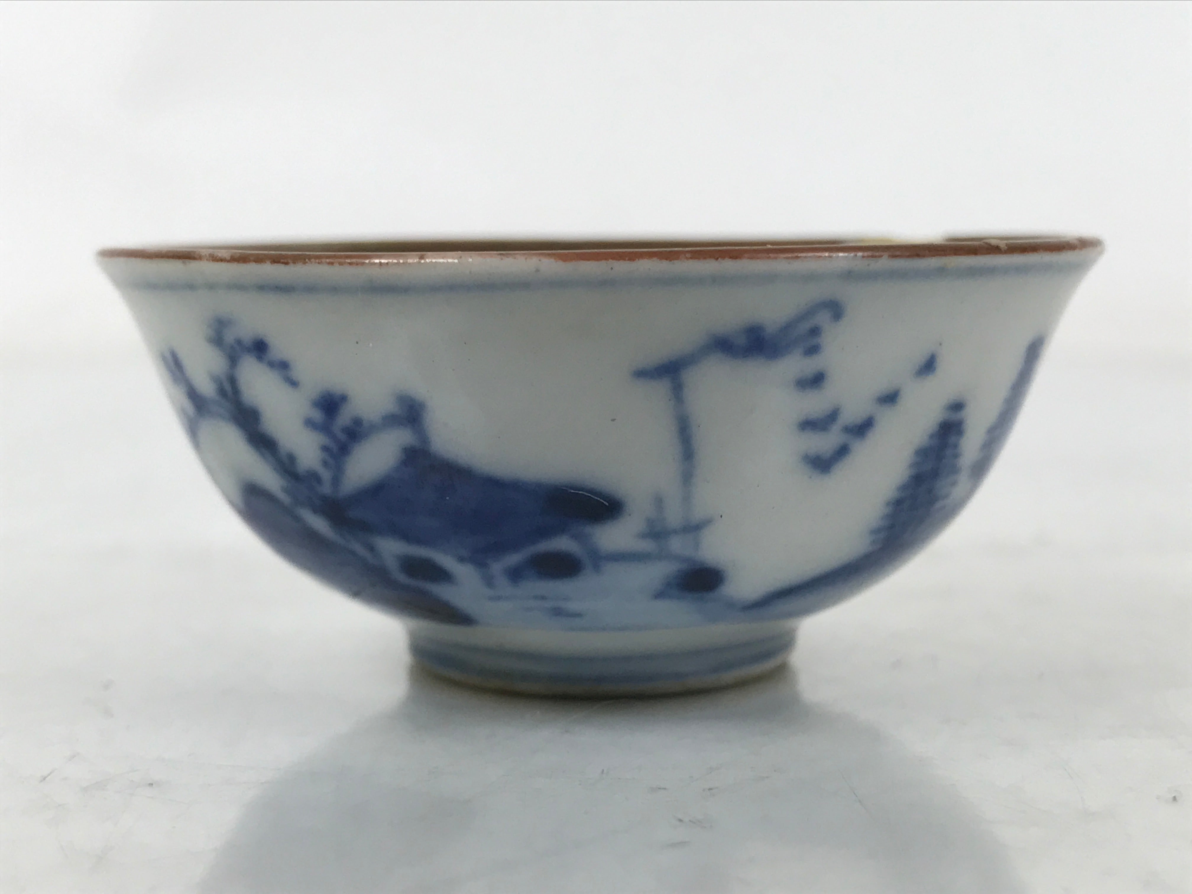 Japanese Kutani Ware Porcelain Sake Cup Vtg Ochoko Blue White Gold Kimono G278