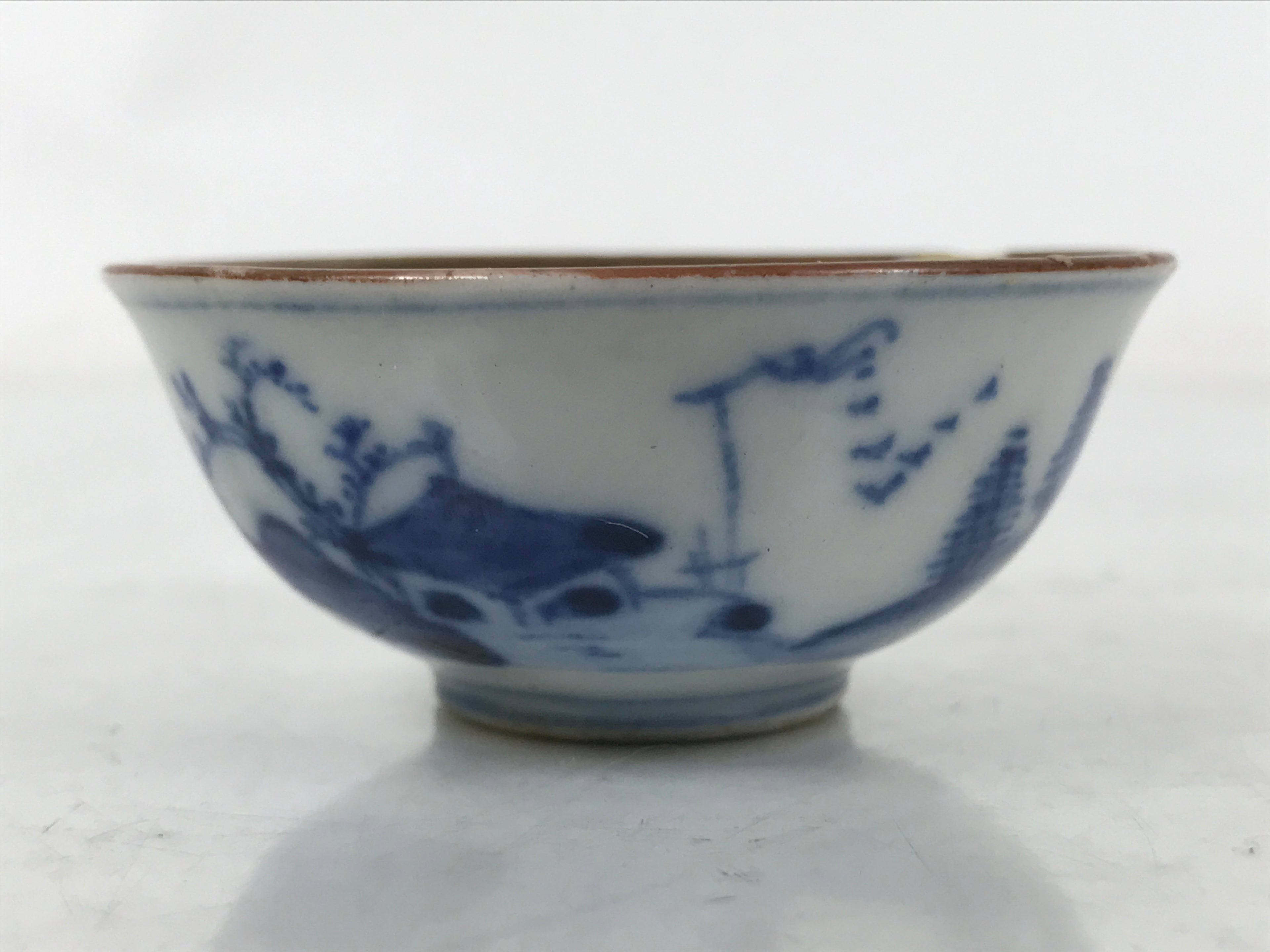 Japanese Kutani Ware Porcelain Sake Cup Vtg Ochoko Blue White Gold Kimono G278