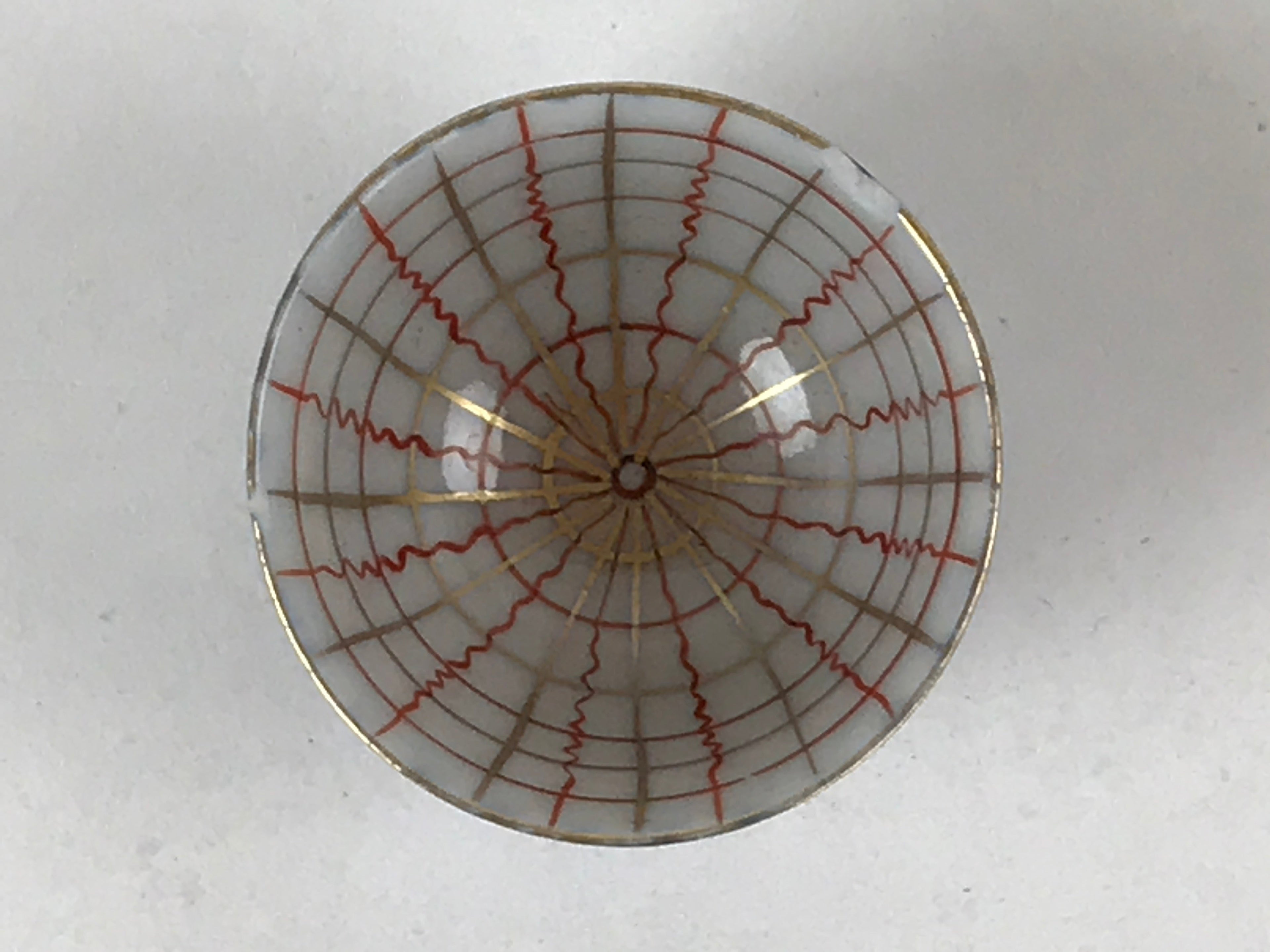 Japanese Kutani Ware Porcelain Sake Cup Vtg Tsubomi Ochoko Blue Grid Red G106