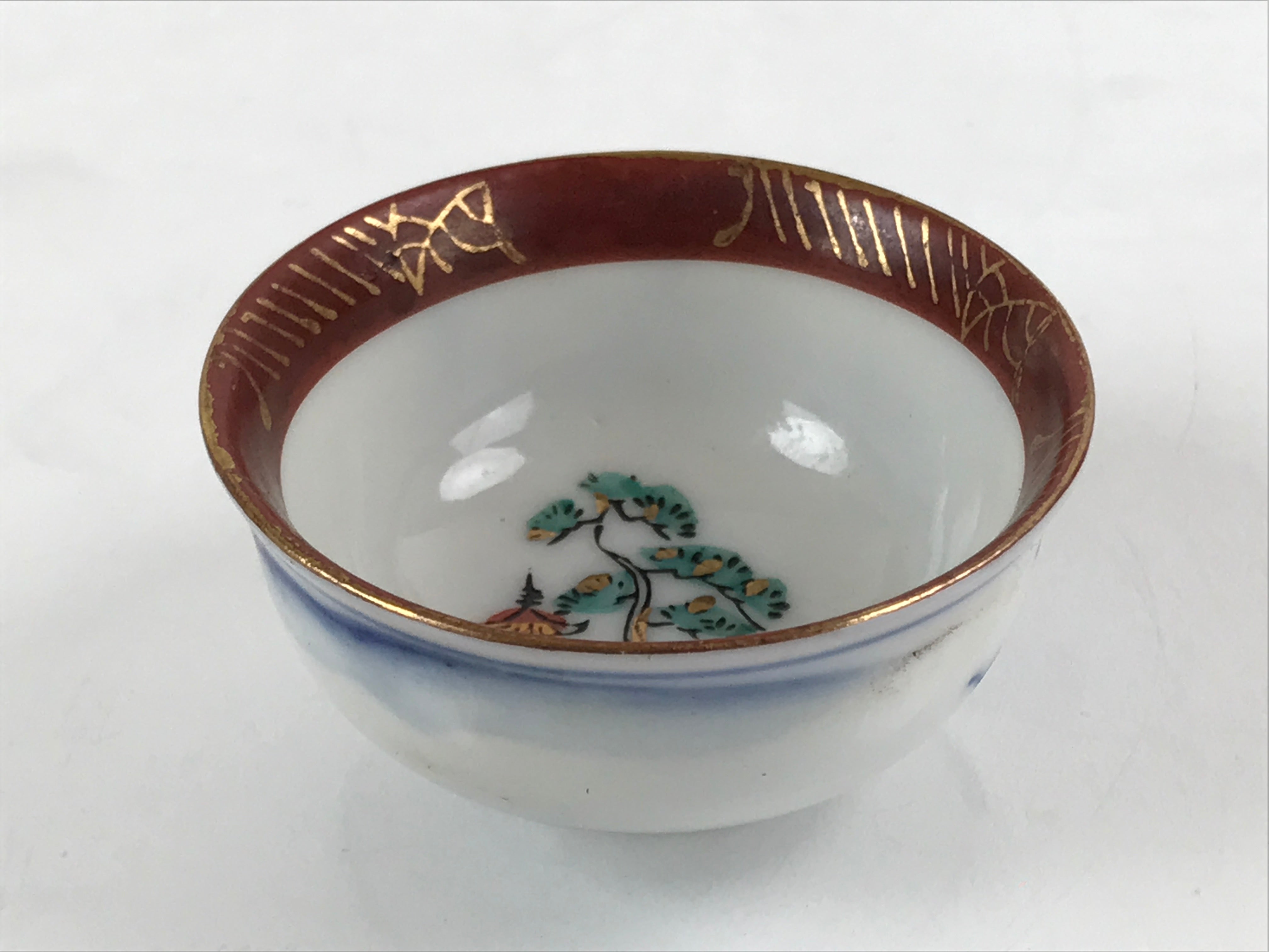 Japanese Kutani Ware Porcelain Sake Cup Vtg Tsubomi Ochoko Pagoda Pine Tree G230