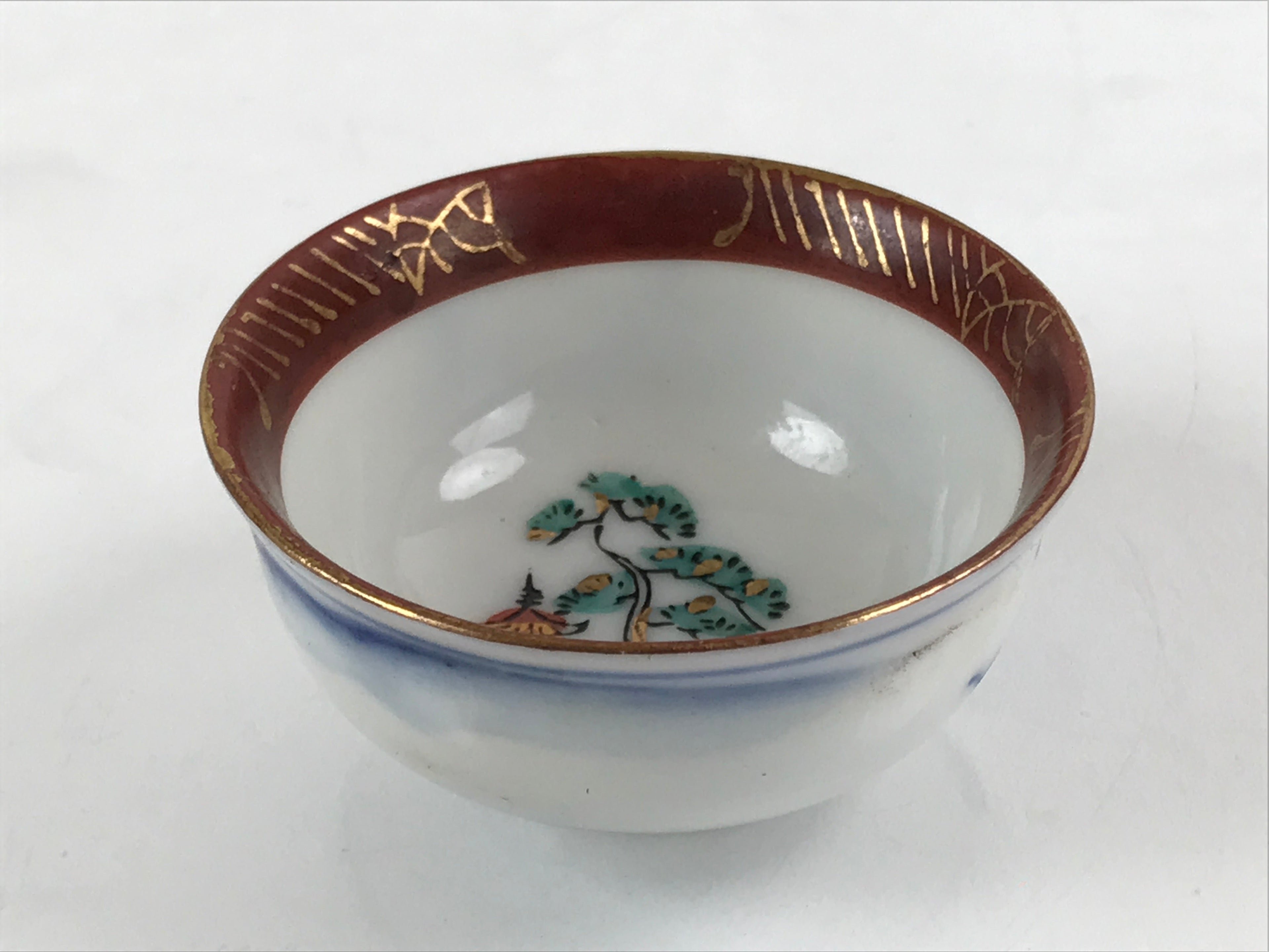 Japanese Kutani Ware Porcelain Sake Cup Vtg Tsubomi Ochoko Pagoda Pine Tree G230