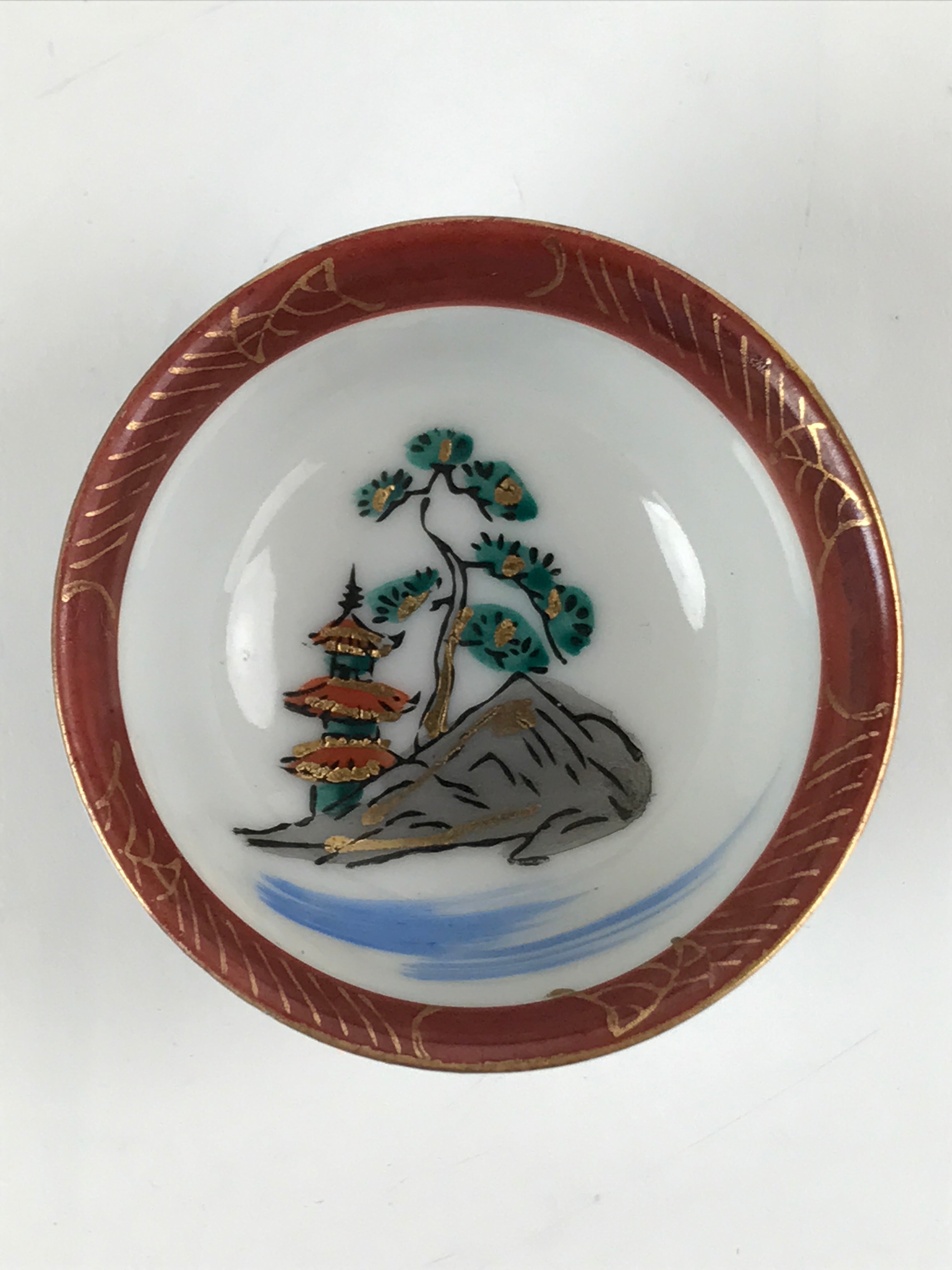 Japanese Kutani Ware Porcelain Sake Cup Vtg Tsubomi Ochoko Pagoda Pine Tree G231