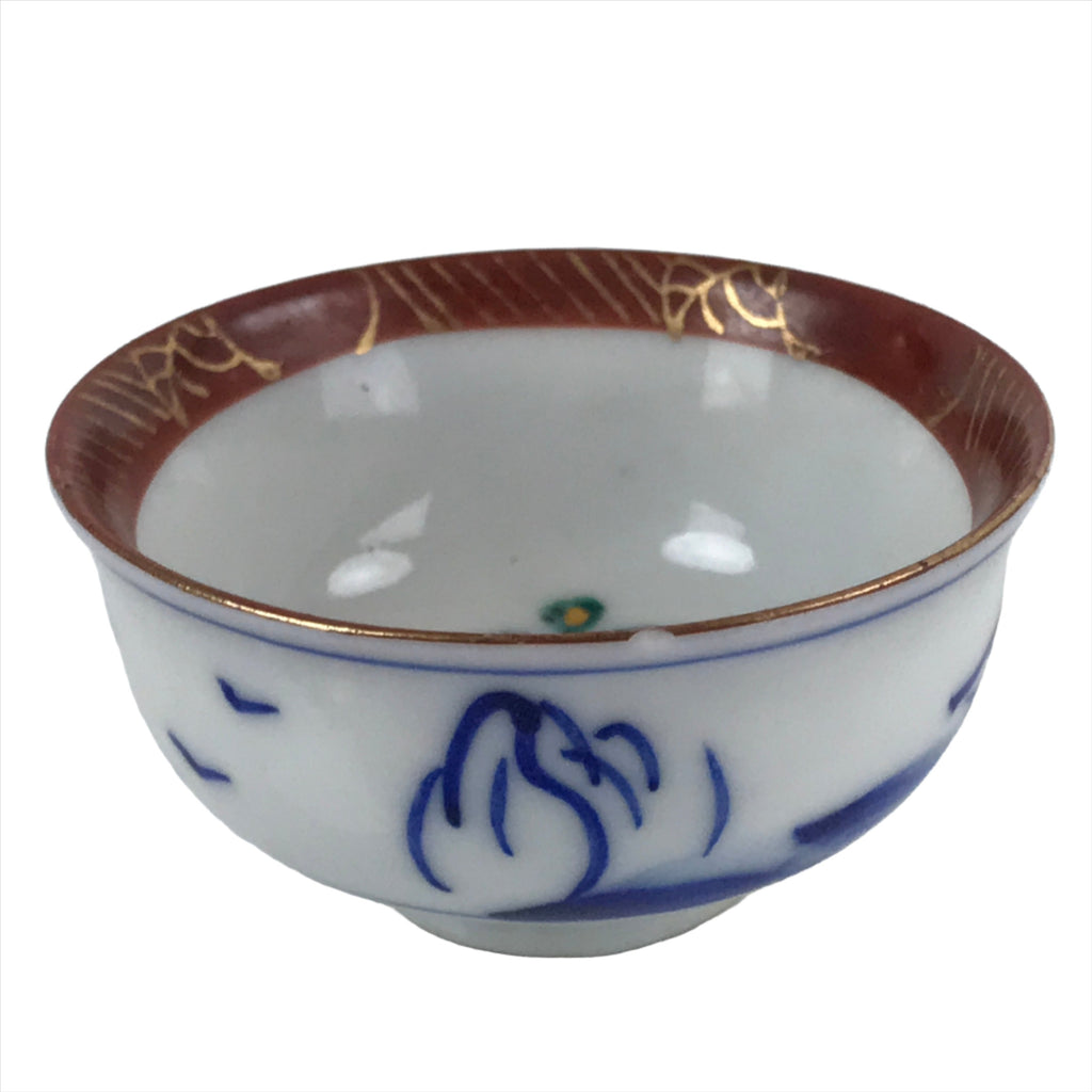 Japanese Kutani Ware Porcelain Sake Cup Vtg Tsubomi Ochoko Pagoda Pine Tree G237