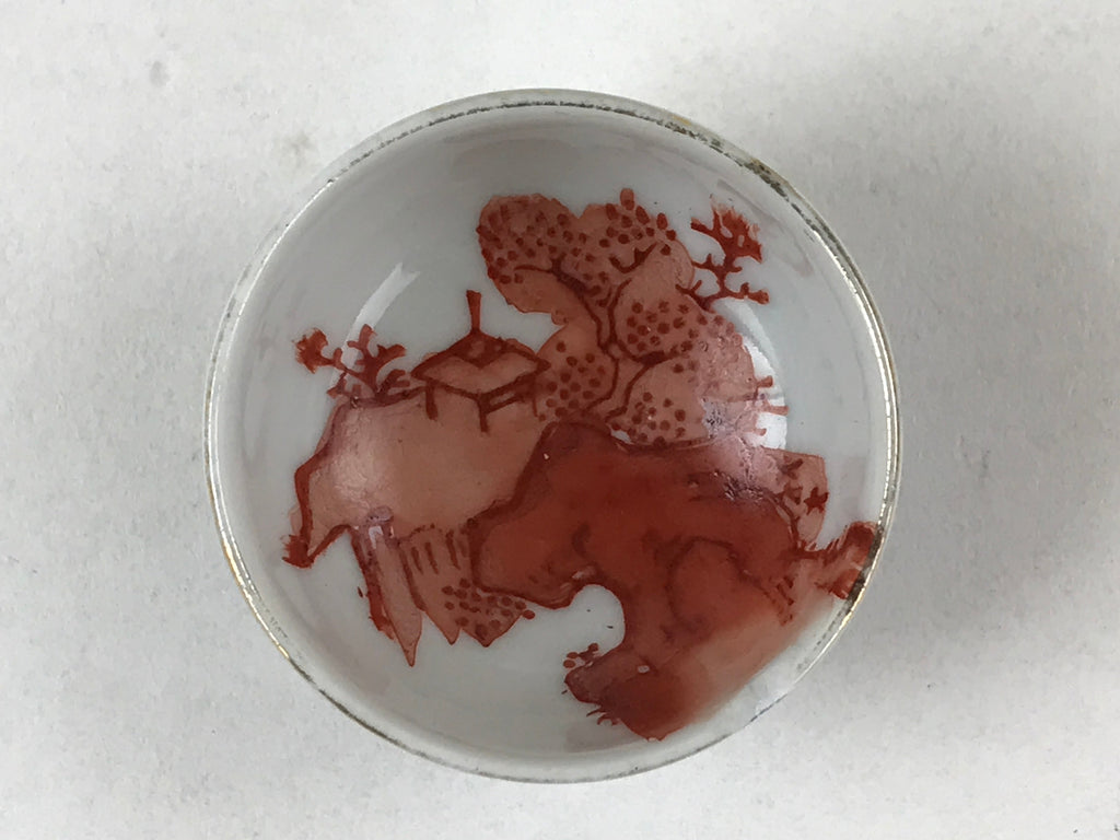 Japanese Kutani Ware Porcelain Sake Cup Vtg Tsubomi Ochoko Red Temple Blue G107